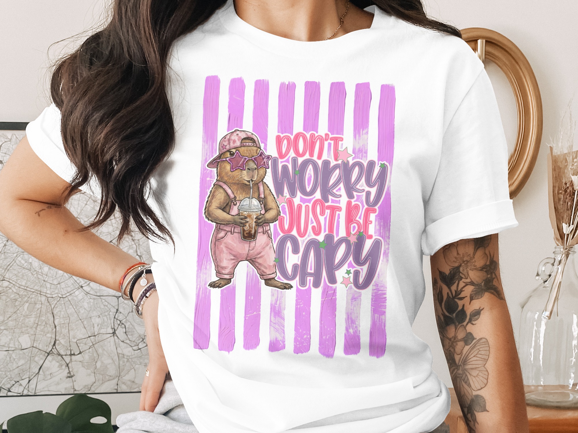 Comfort Colors® Capybara T-Shirt, Don't Worry Just Be Capy, Cute Animal Tee, Trendy Iced Coffee Capybara Gift, Whimsical Shirt For Her