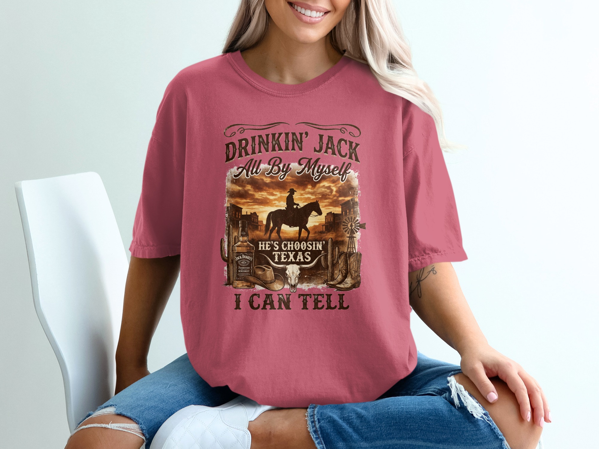 Western Cowboy Texas T-Shirt | Rustic Country Style Graphic Tee for Men & Women | Whiskey Bottle & Bull Skull Design - Image 15