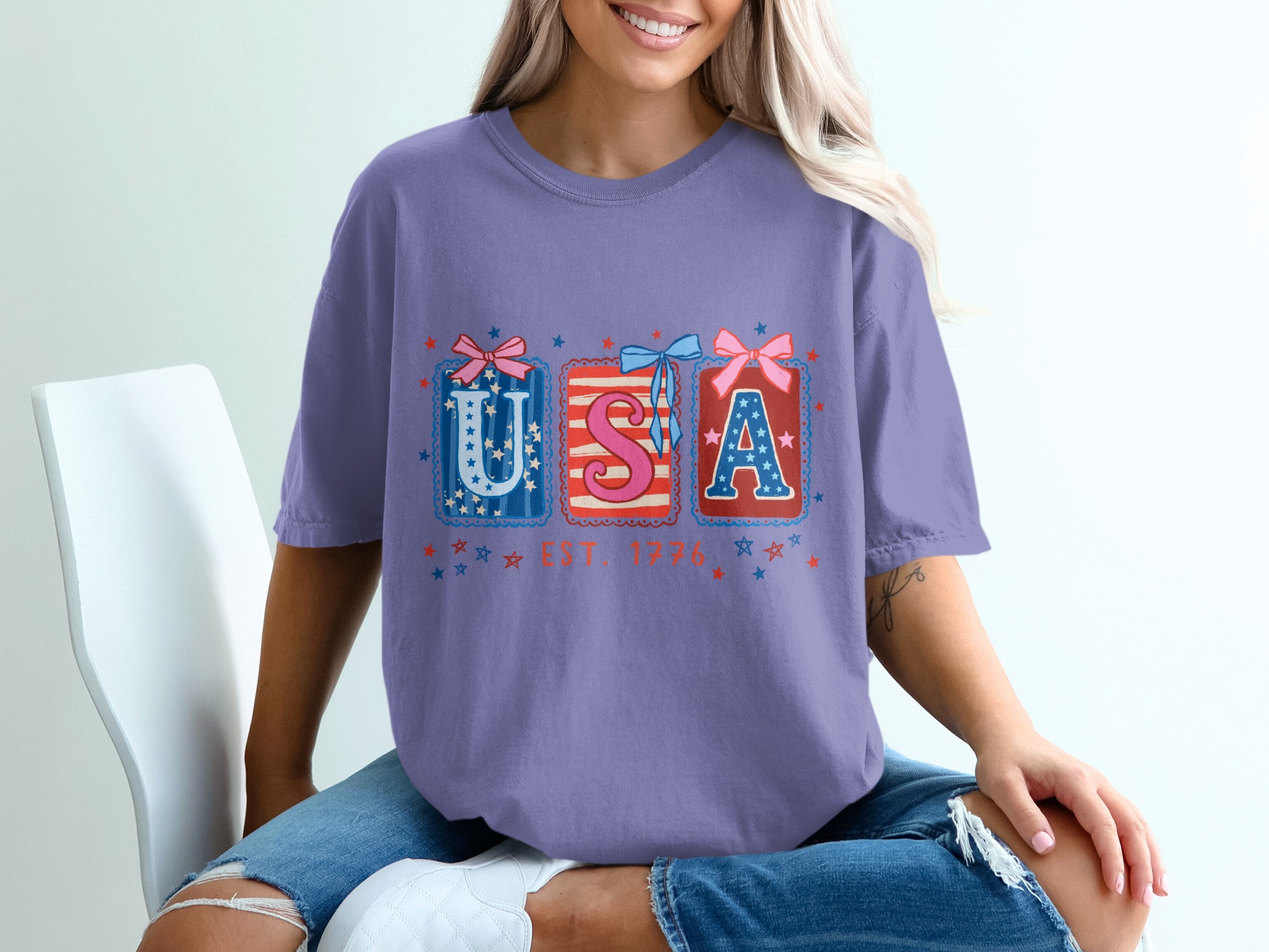 Patriotic USA Est 1776 T-Shirt, Whimsical Americana Tee, Fourth of July Top, Vintage Independence Day Shirt for Her, Cute Stars & Stripes - Image 13
