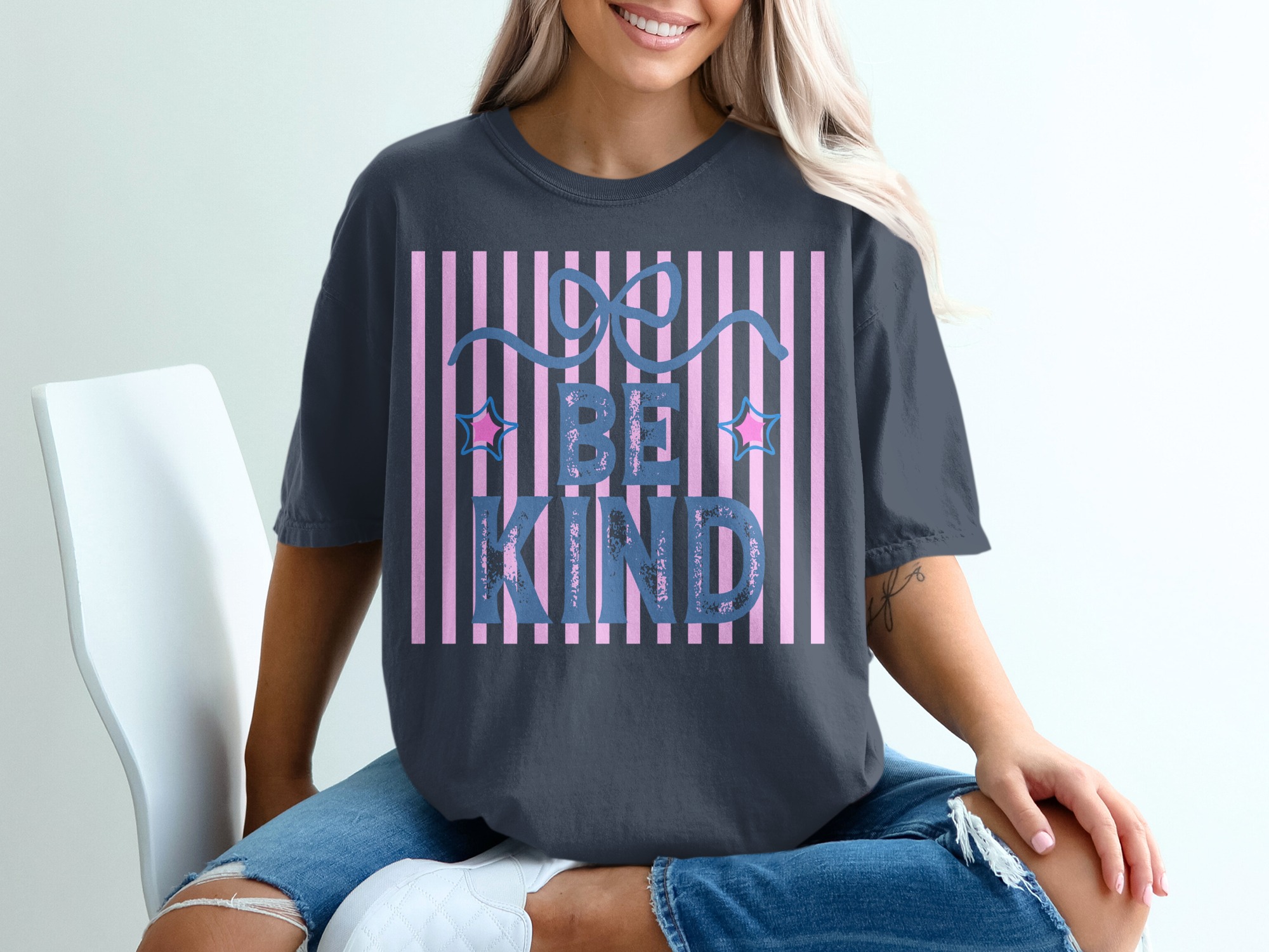 Be Kind T-Shirt, Distressed Kindness Shirt, Positive Message Aesthetic Tee, Pastel Stripes Graphic Top, Cute Encouragement Gift for Her - Image 12