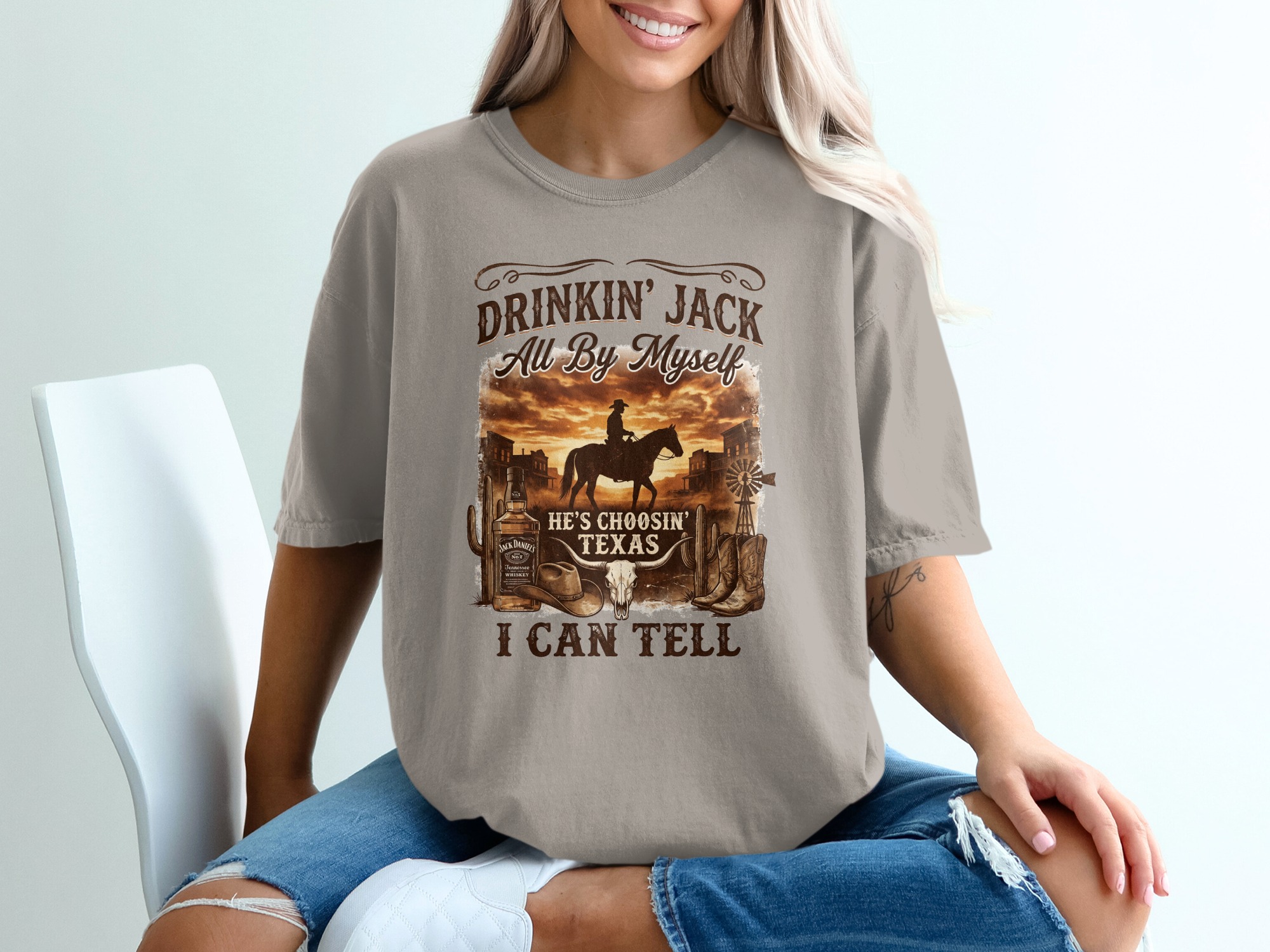 Western Cowboy Texas T-Shirt | Rustic Country Style Graphic Tee for Men & Women | Whiskey Bottle & Bull Skull Design - Image 11