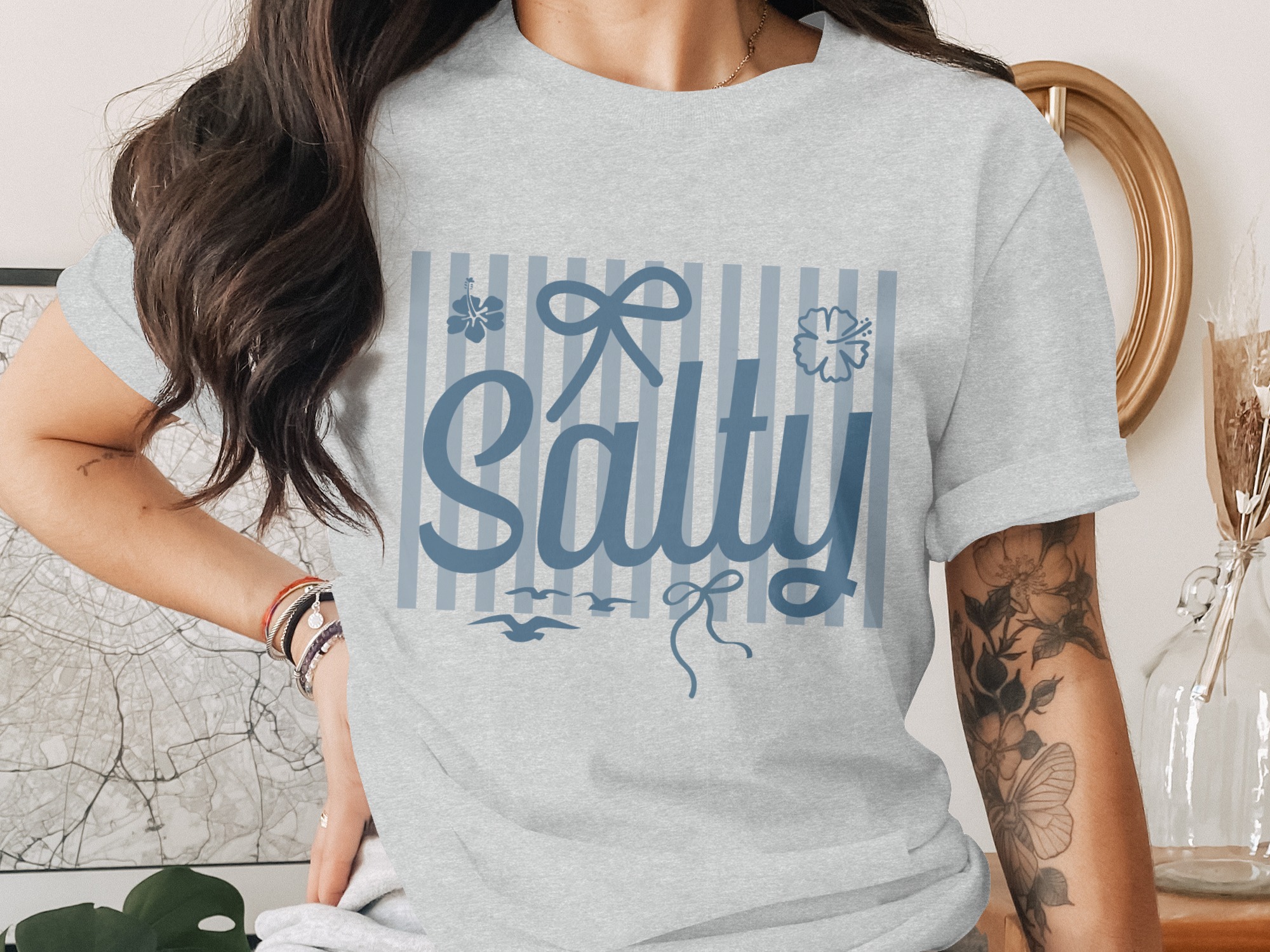 Salty T-Shirt, Beach Vacation Mode Tee, Coastal Stripe Graphic Shirt, Nautical Summer Ocean Lover Gift for Her, Beachy Top - Image 2