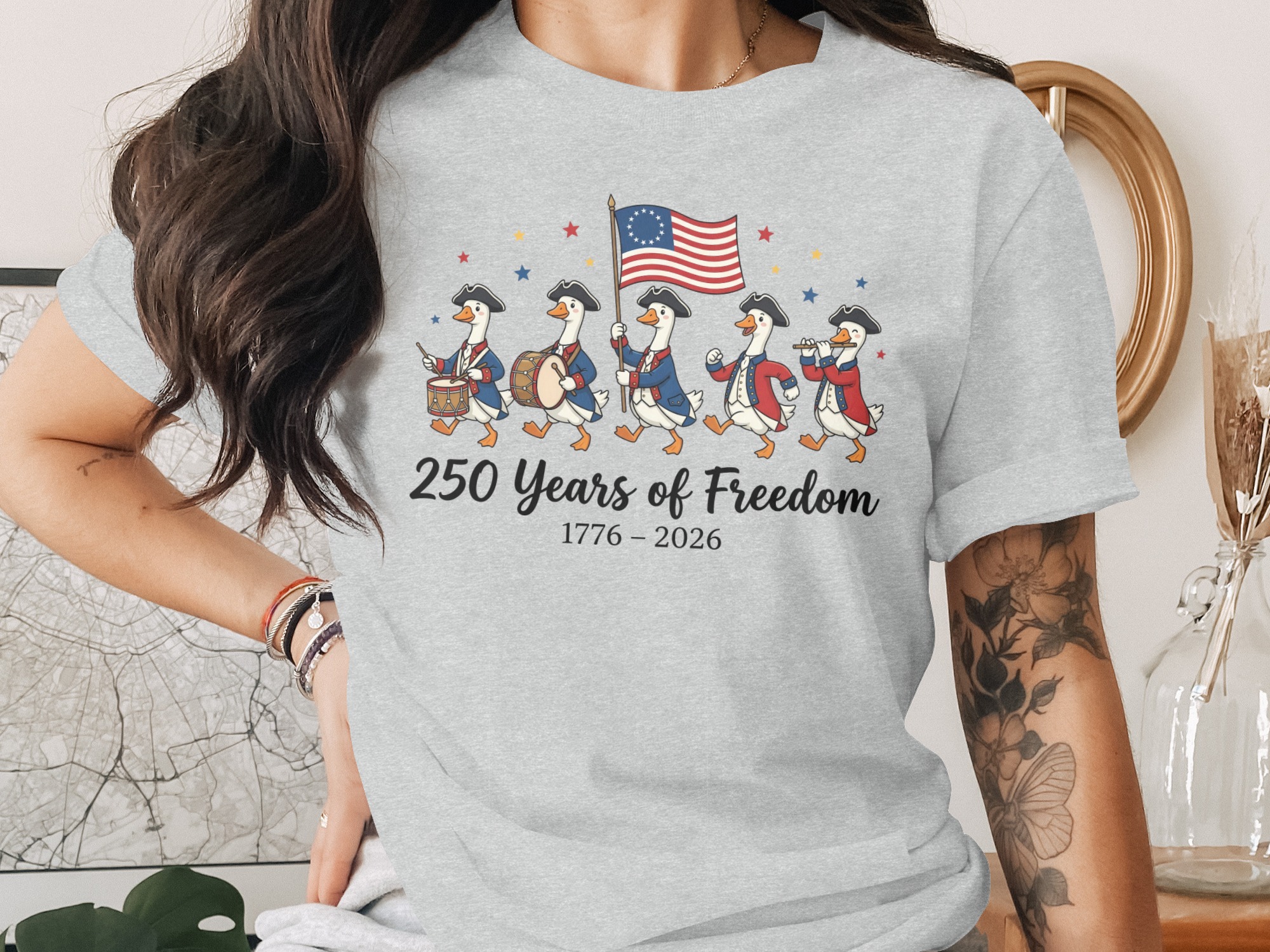 250 Years of Freedom T-Shirt, Patriotic Geese Marching Tee, American Independence Day 1776-2026 History Shirt, Betsy Ross Flag Top