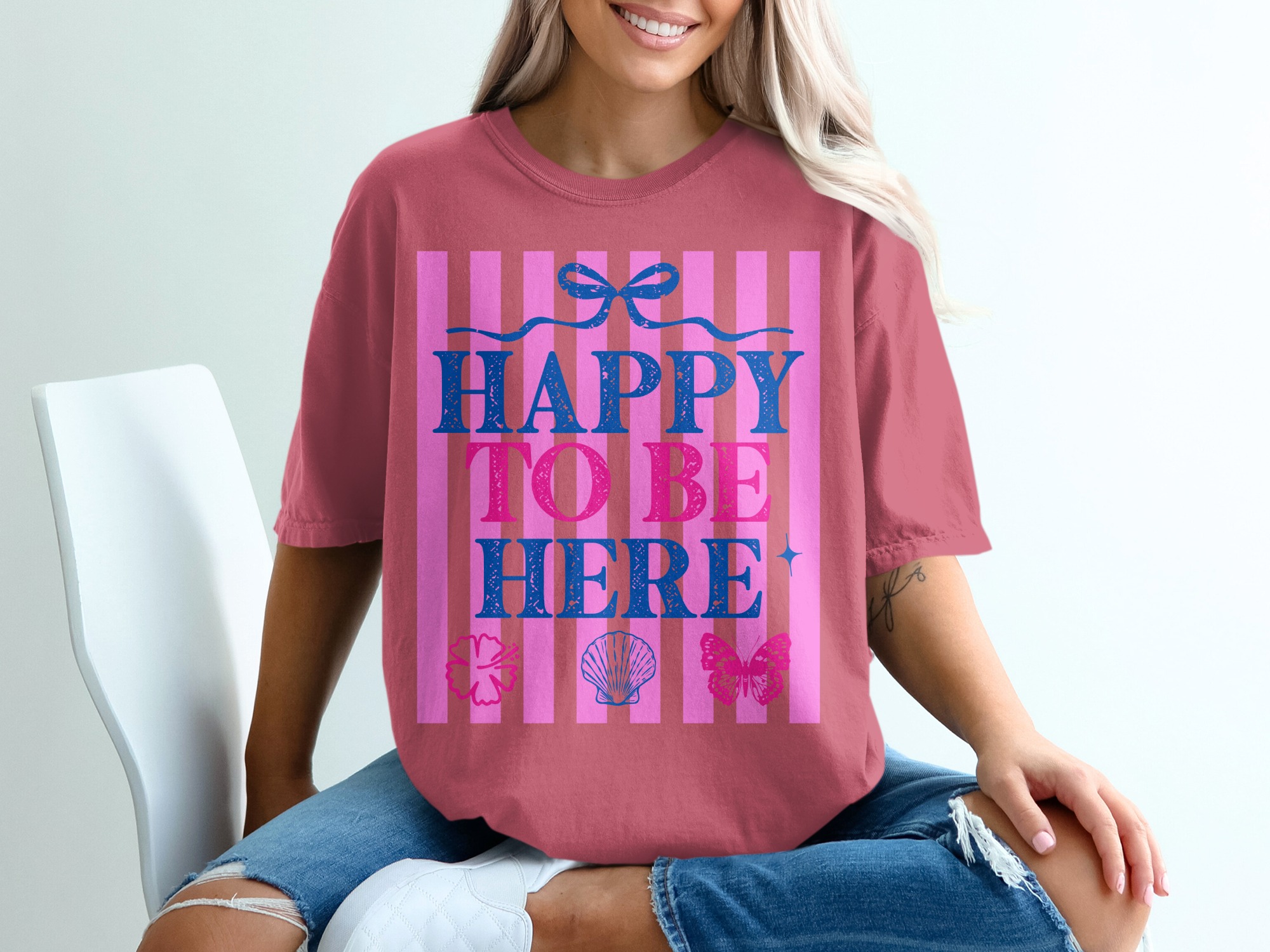 Happy To Be Here T-shirt | Barbiecore Aesthetic Tee | Pink & Blue Summer Vacation Shirt | Positive Vibes Travel Tee Gift for Her - Image 15