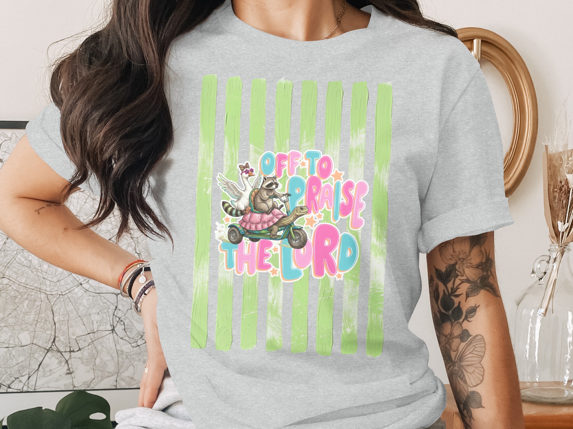 Comfort Colors® Off to Praise the Lord T-Shirt, Whimsical Christian Raccoon Tee, Faith Based Apparel, Cute Worship Shirt Gift - Image 2