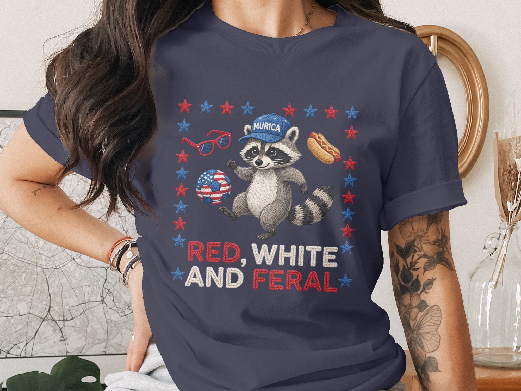 Red White and Feral Raccoon T-Shirt | Patriotic Murica Tee | Funny 4th of July Shirt | Raccoon Lover Gift | USA Holiday Outfit - Image 3