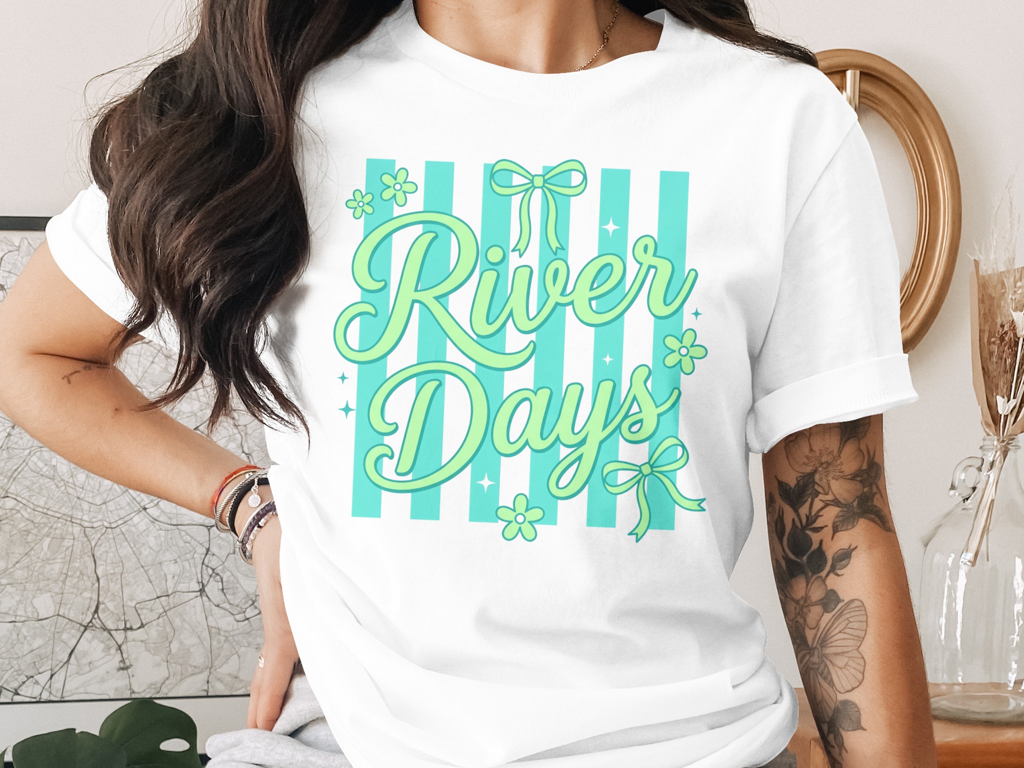 River Days T-Shirt | Cute Summer Vacation Top with Faux Bows & Stripes | Y2K Aesthetic Tee | Lake Life Beach Trip Gift