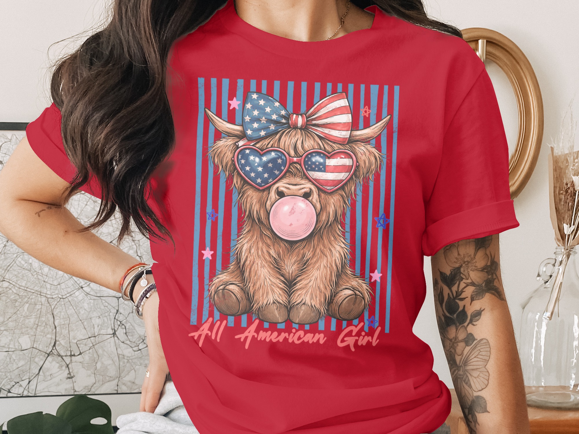 Comfort Colors® Highland Cow T-Shirt, All American Girl Patriotic Summer Tee, Cute 4th of July Western Cowgirl Gift for Her. - Image 4