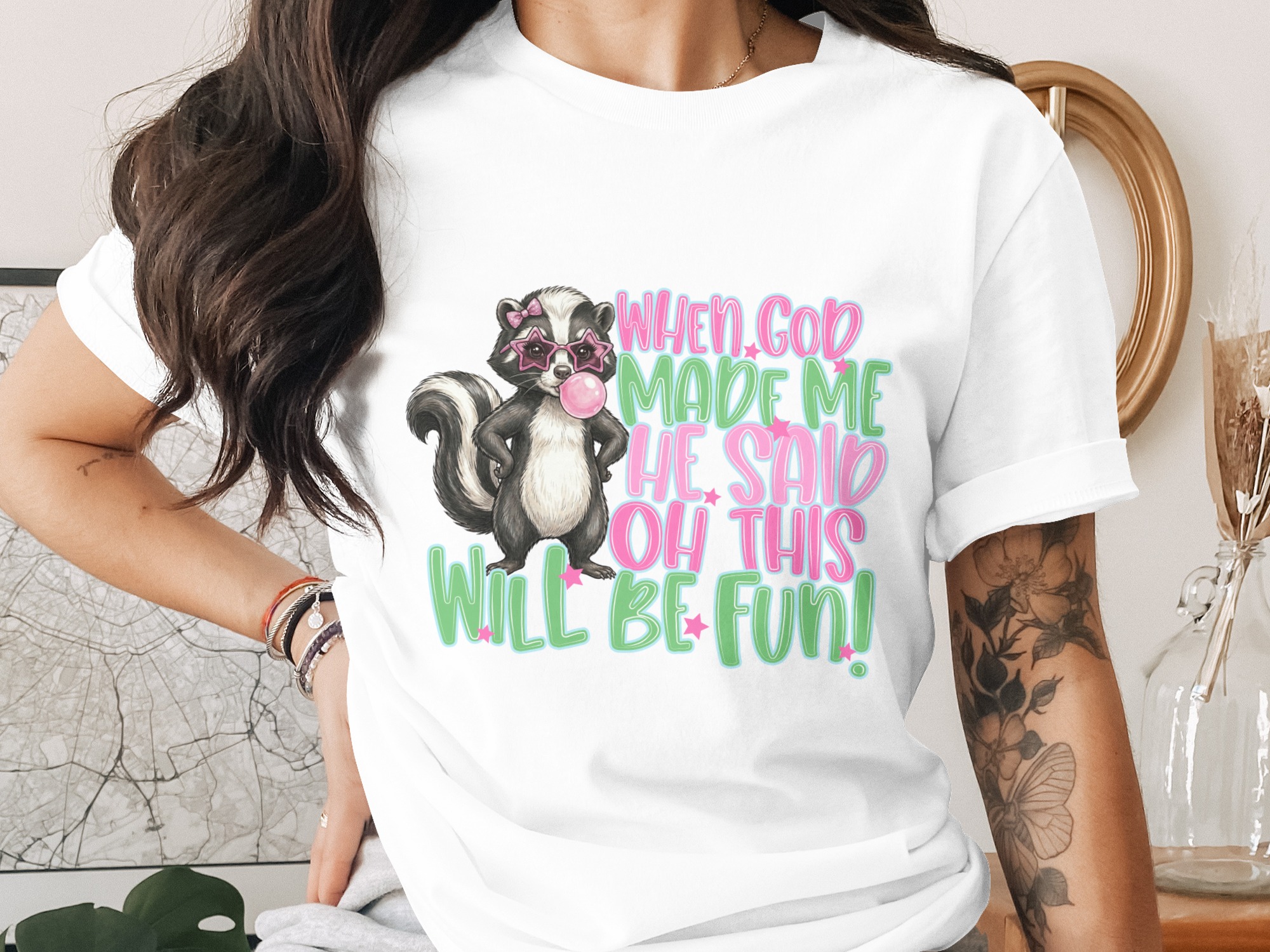 Sassy Skunk T-Shirt, Funny Bubblegum Skunk Tee, When God Made Me Quote Shirt, Cute Animal Lover Gift, Playful Graphic Top For Her