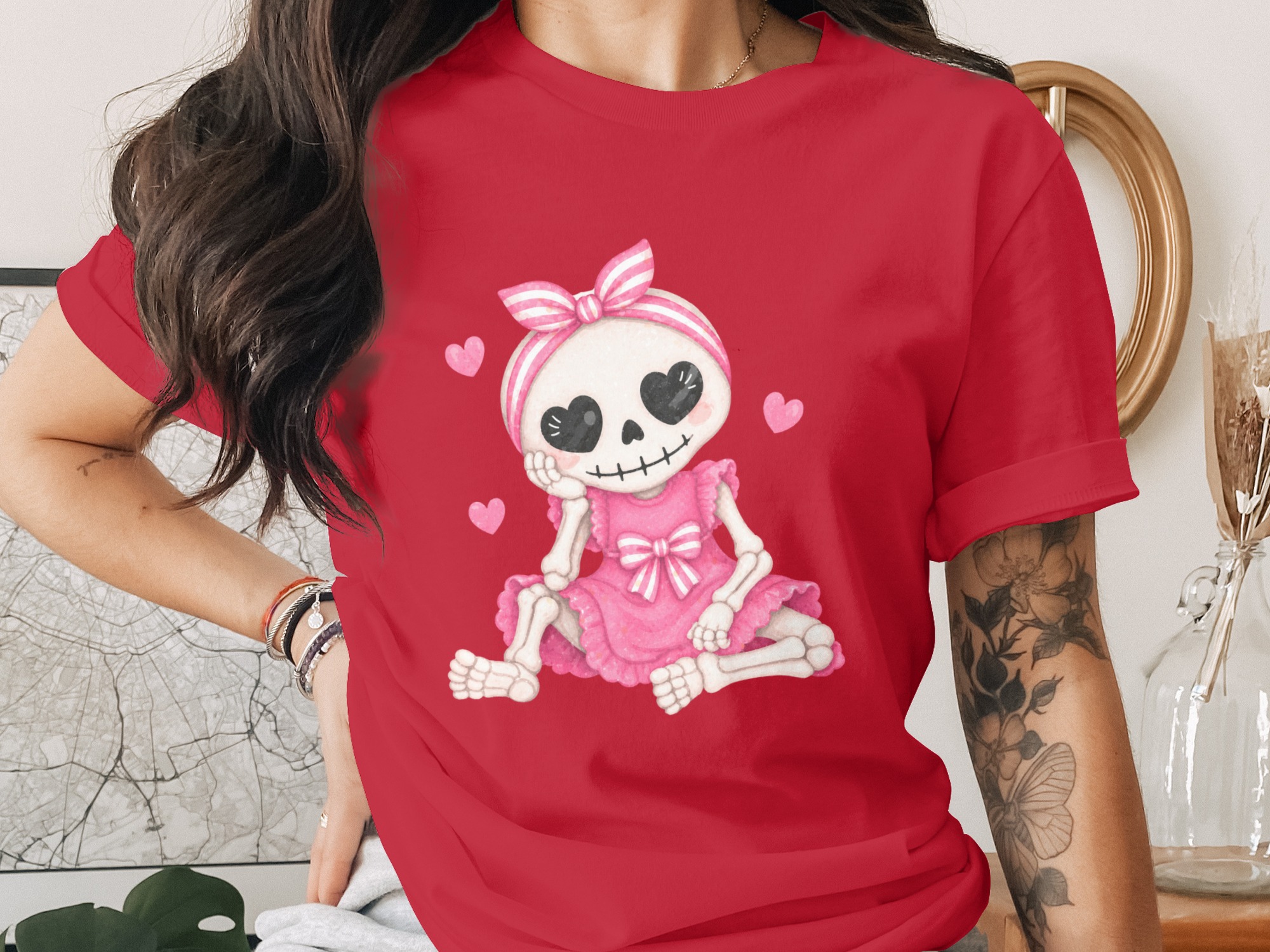 Adorable Kawaii Skeleton Girl T-Shirt with Hearts - Image 2