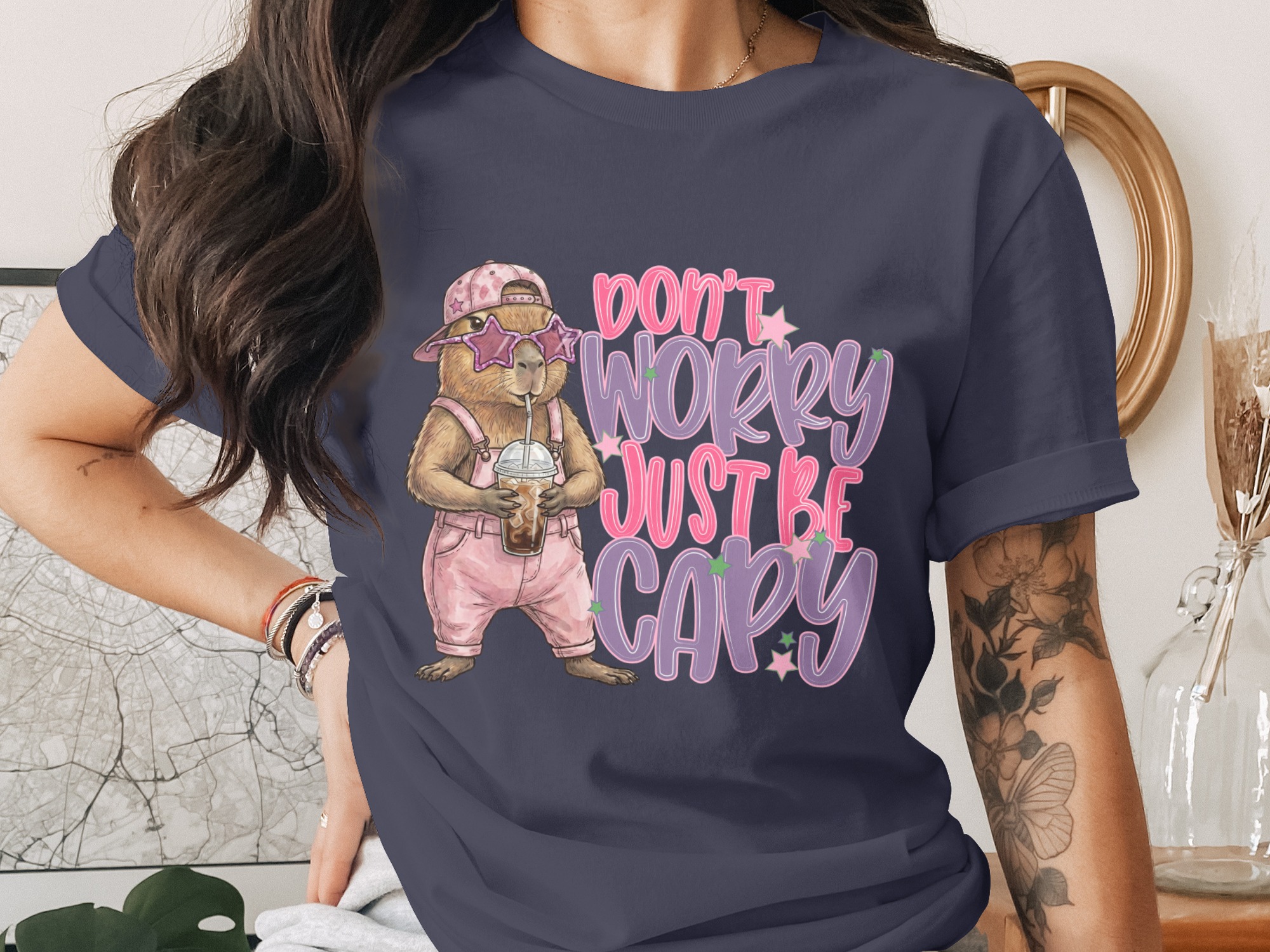 Don't Worry Just Be Capy T-Shirt, Cute Capybara Shirt, Chill Animal Tee, Iced Coffee Lover Gift, Trendy Positive Vibe Apparel - Image 3