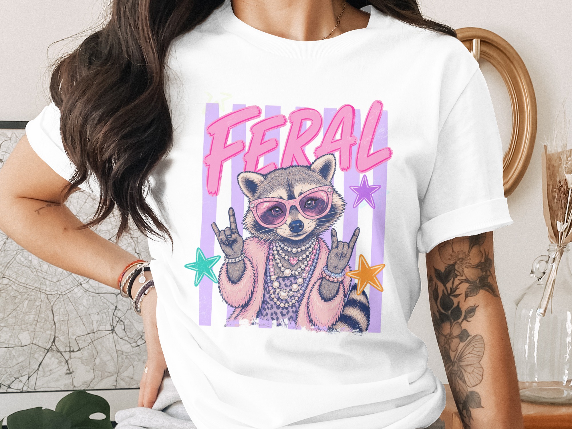 Feral Raccoon T-Shirt, Comfort Colors ® Rock and Roll Raccoon Tee, Retro Glam Animal Graphic Shirt, Unique Punk Raccoon Lover Gift