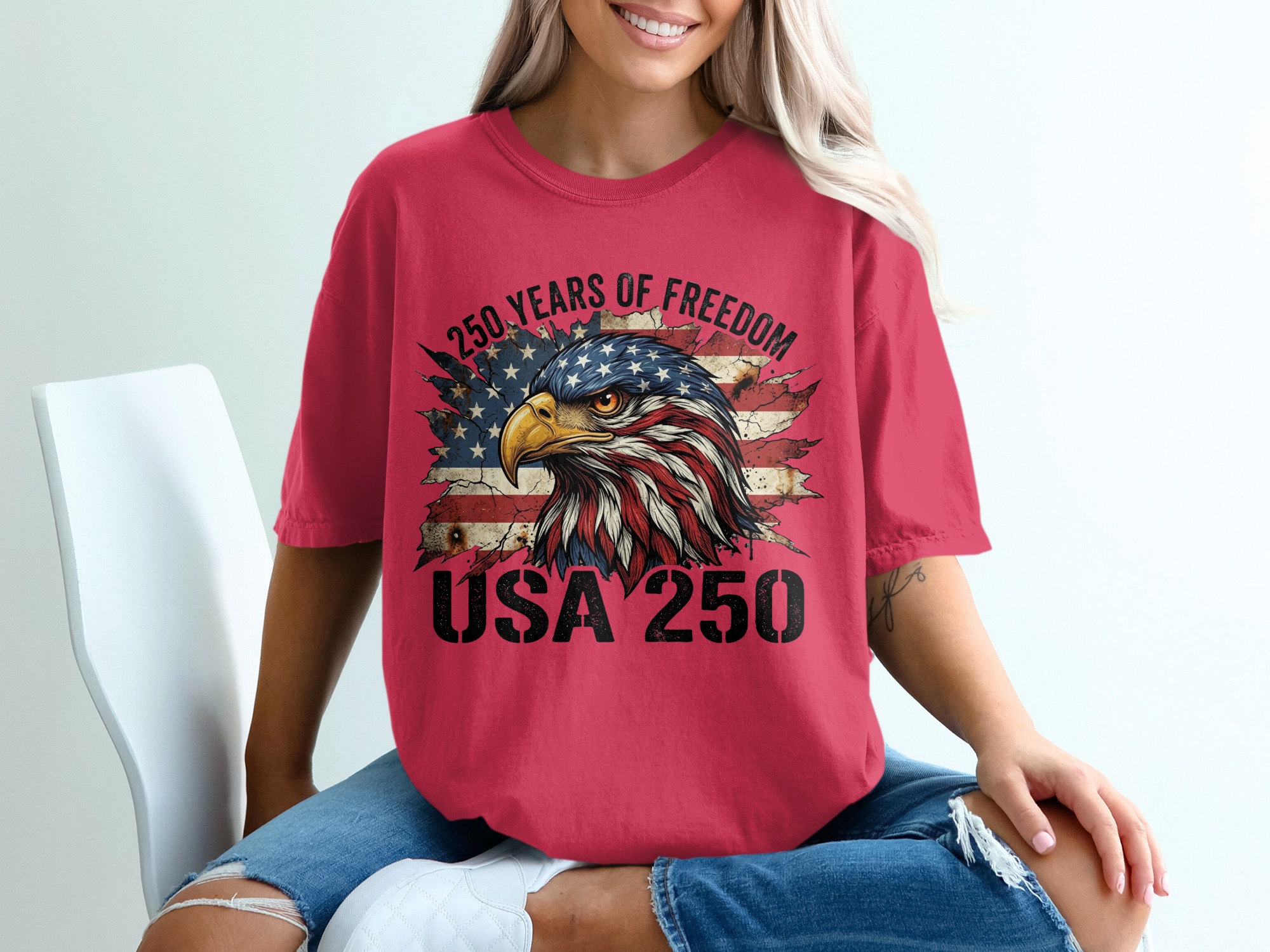 Patriotic American Eagle T-Shirt, USA 250 Years of Freedom Flag Tee, Distressed Heritage Commemorative Independence Day Shirt - Image 14