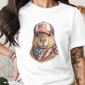 Patriotic Capybara USA Flag Hat & Bandana T-Shirt