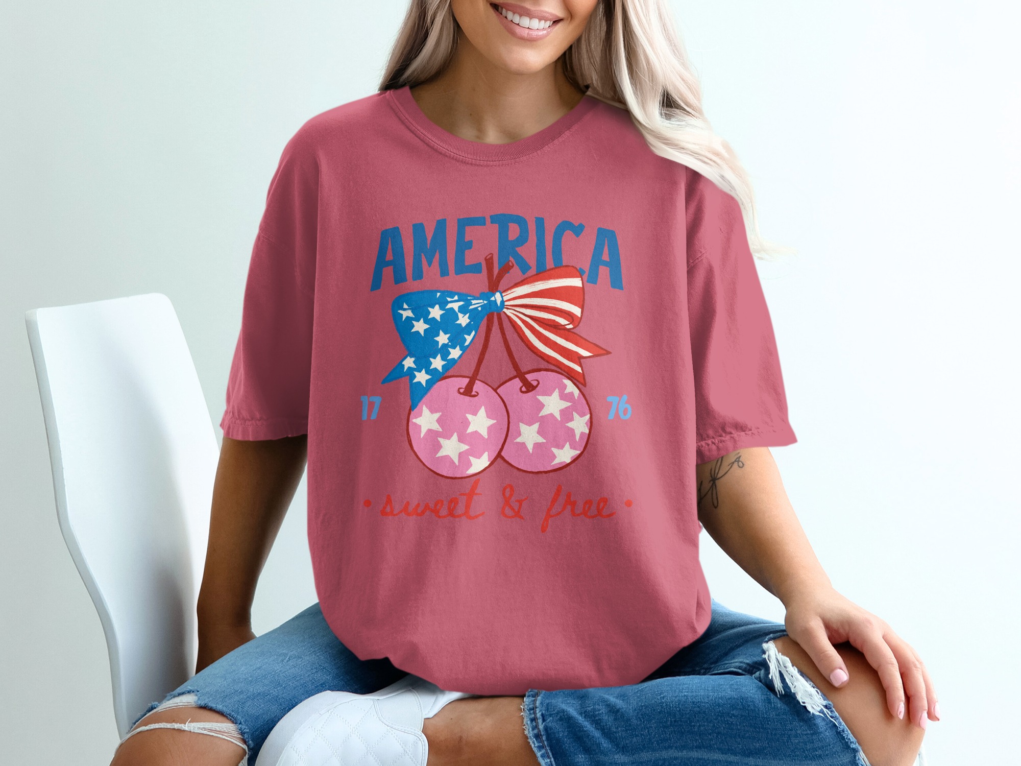 America Sweet & Free T-Shirt, Patriotic Cherry Bow Tee, Fourth of July Vintage Style Shirt, USA Flag Summer Graphic Tee Gift for Her - Image 15