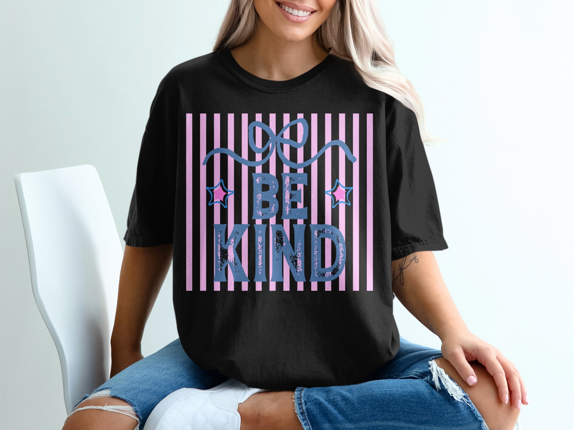 Be Kind T-Shirt, Distressed Kindness Shirt, Positive Message Aesthetic Tee, Pastel Stripes Graphic Top, Cute Encouragement Gift for Her - Image 8