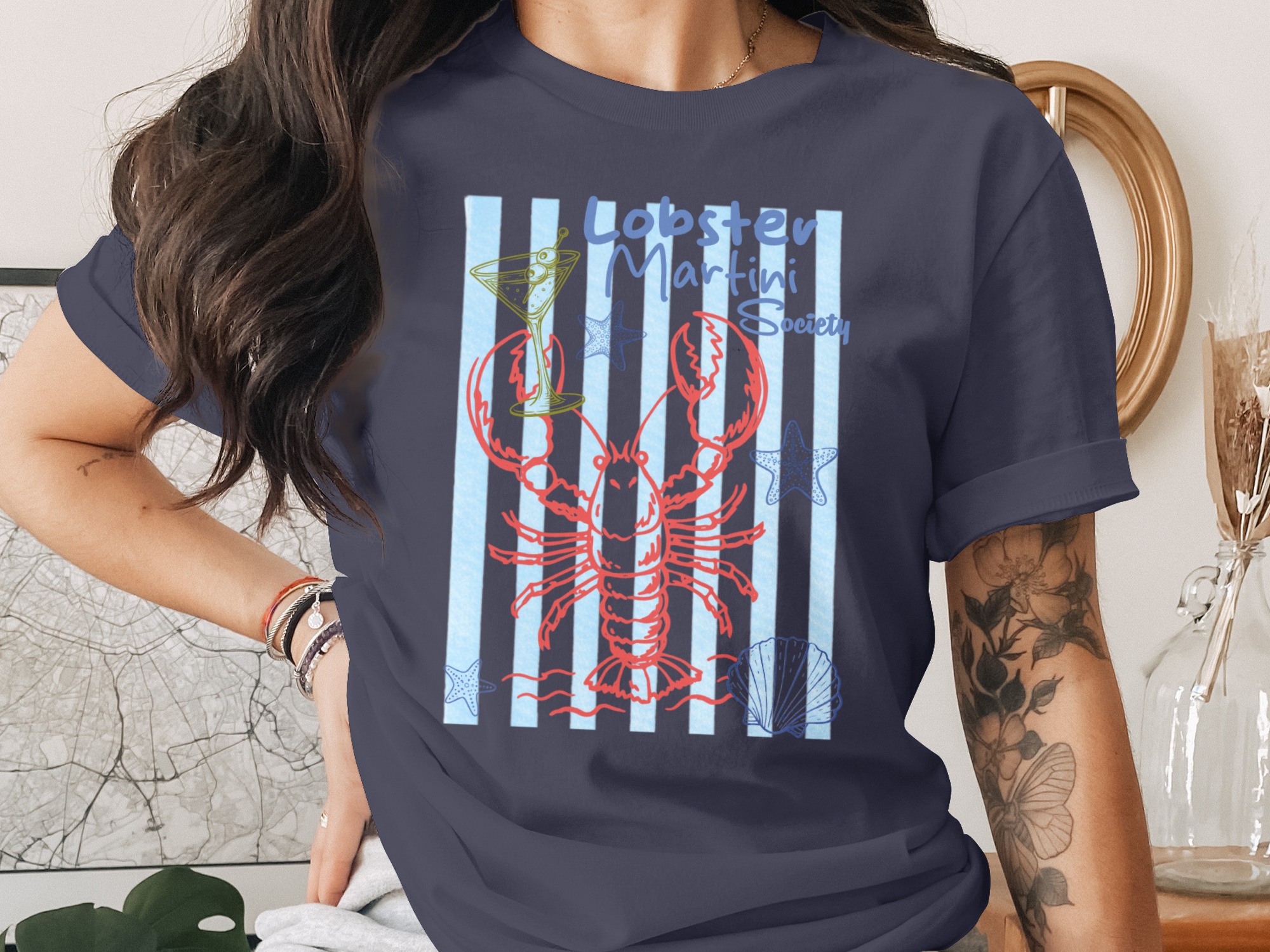 Lobster Martini Society T-Shirt, Coastal Ocean Beach Martini Lover Shirt, Preppy Nautical Summer Vacation Tee, Seafood Cocktail Party Gift - Image 2