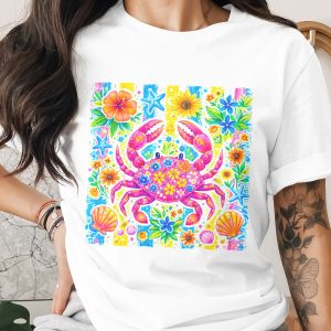 Colorful Floral Crab T-Shirt, Comfort Colors ® Beachy Marine Life Tee, Summer Ocean Aesthetic Vacation Gift for Her, Whimsical Art Print Top