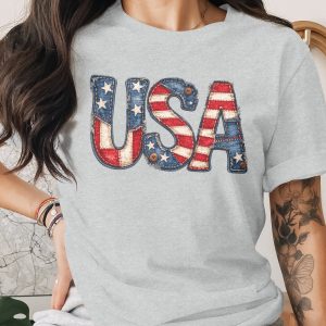 Patriotic USA T-Shirt, Faux Quilted American Flag Denim Tee, Rustic 4th of July Independence Day Gift for Her Him Veteran