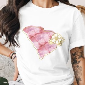 South Carolina Watercolor T-Shirt | SC State Pink Faux Gold Floral Tee | Palmetto State Southern Gift