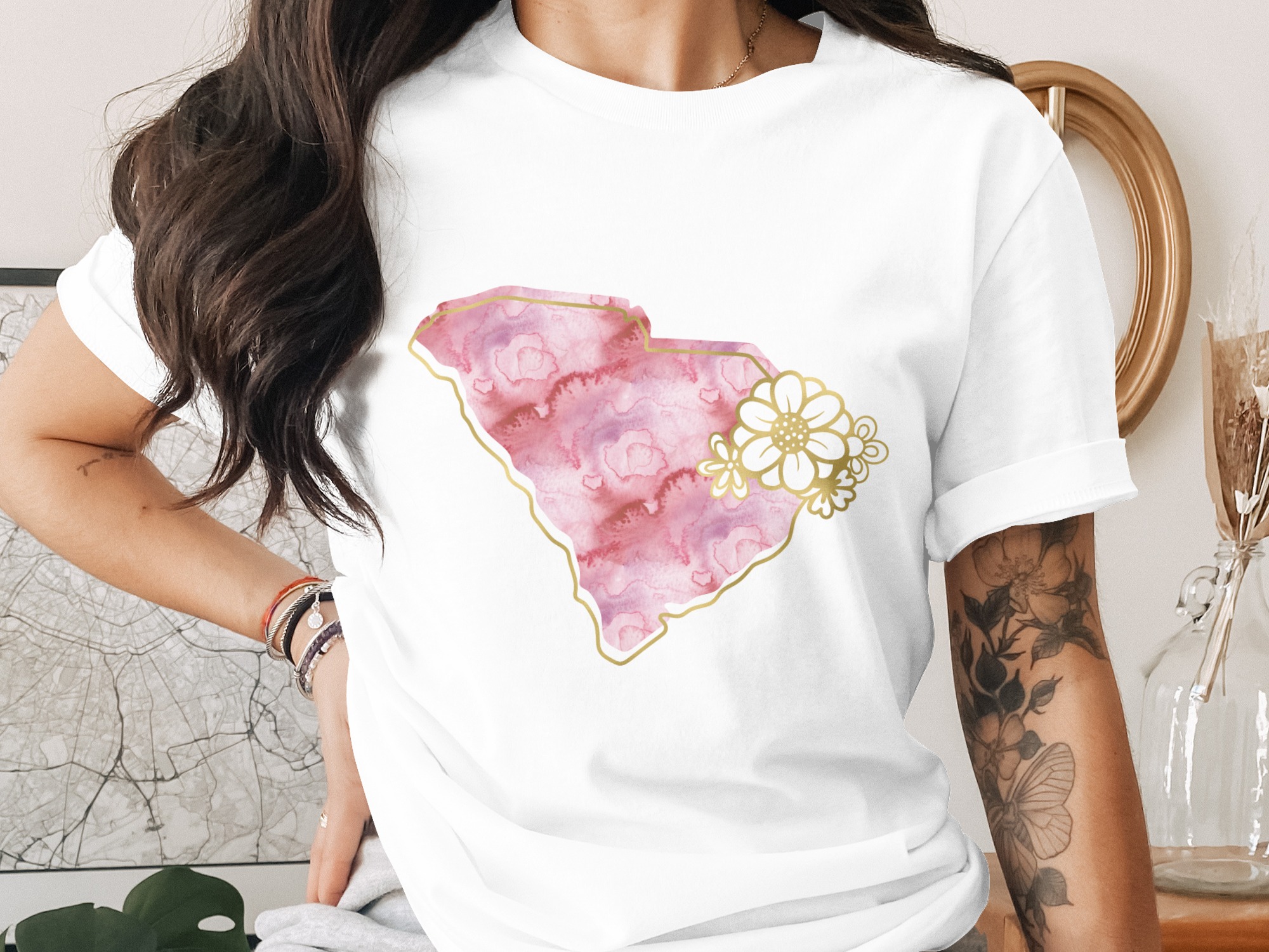 South Carolina Watercolor T-Shirt | SC State Pink Faux Gold Floral Tee | Palmetto State Southern Gift