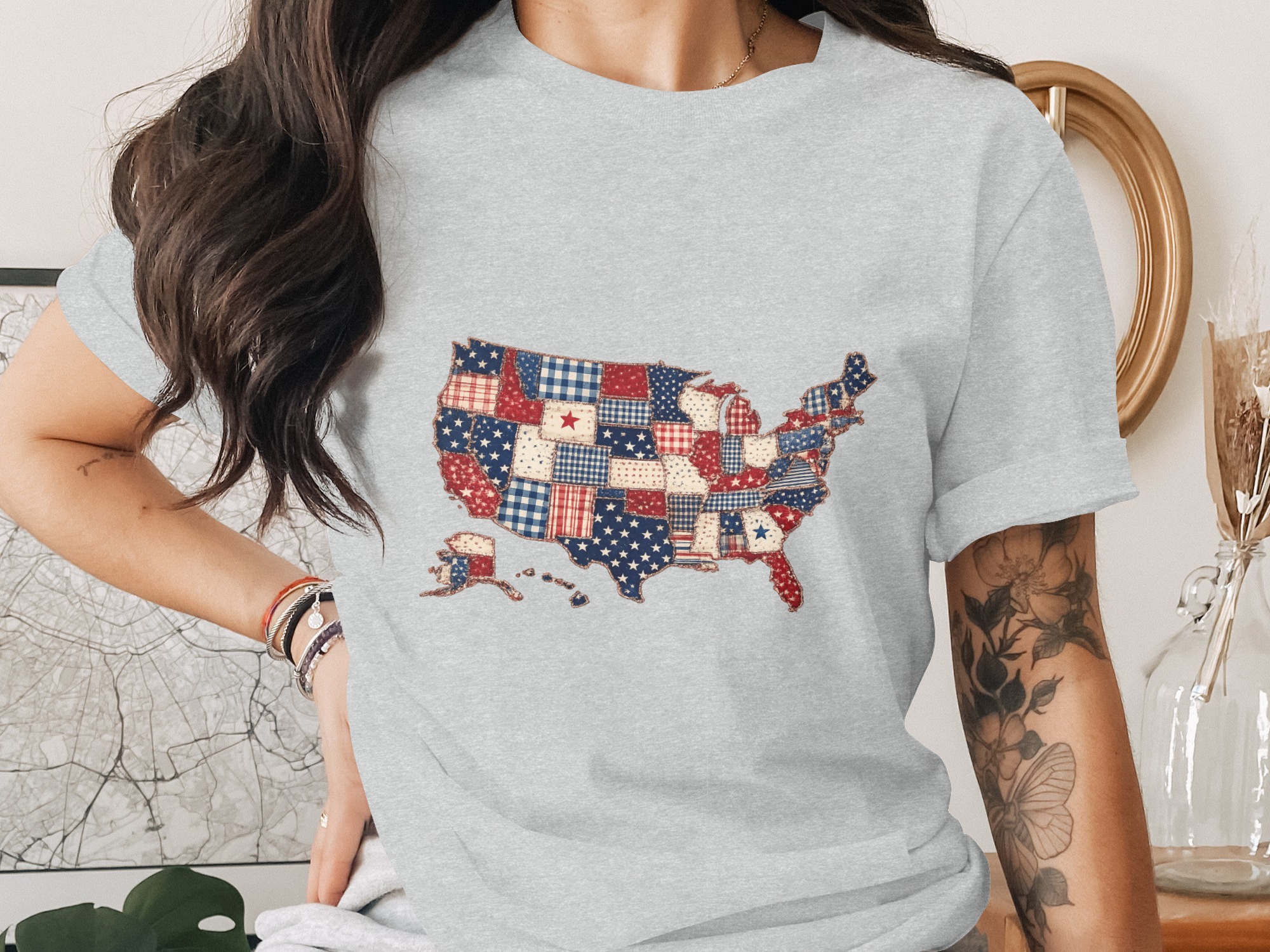 Patriotic USA Map T-Shirt, Americana Quilt Print Tee, Distressed American Flag Shirt, 4th of July Outfit, Veteran Gift Idea - Image 2