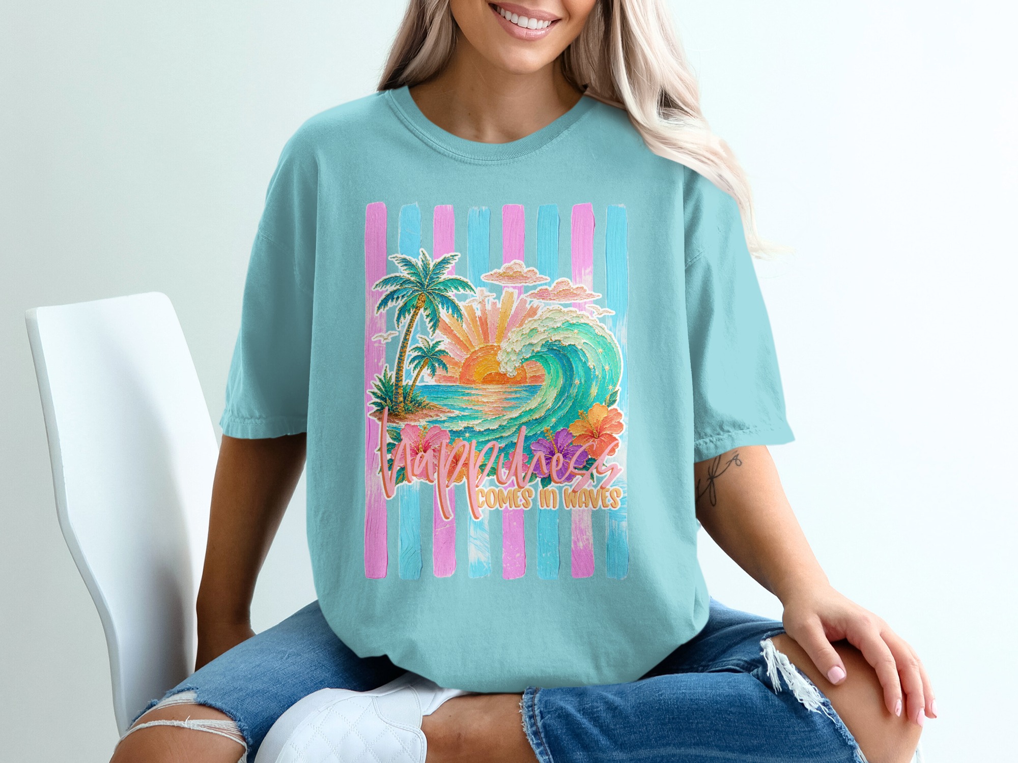 Comfort Colors ® Happiness Comes in Waves T-Shirt, Tropical Sunset Beach Wave Graphic Tee, Vacation Shirt, Ocean Lover Gift for Her, Summer - Image 19