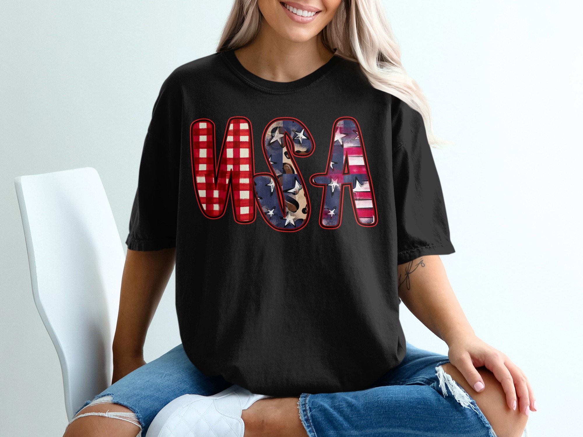 USA T-Shirt, Patriotic 4th of July Shirt, Distressed Buffalo Plaid Leopard Print America Tee, Memorial Day Gift for Her - Image 8
