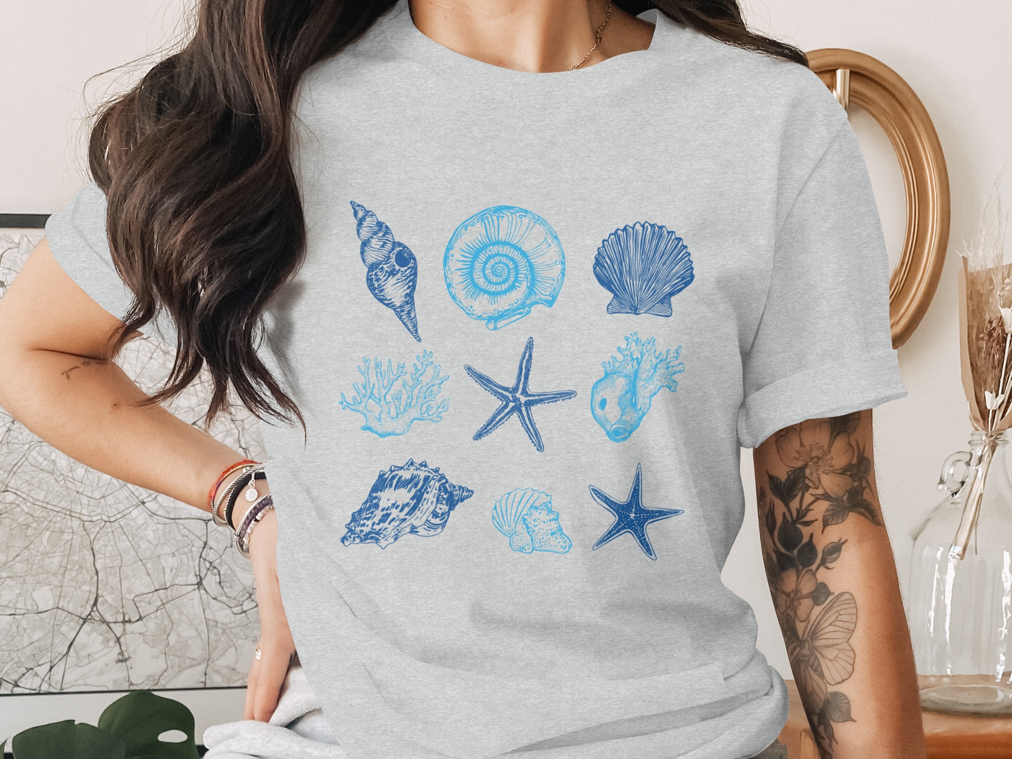 Ocean Seashell Starfish T-Shirt, Coastal Beach Lover Graphic Tee, Summer Vacation Nautical Apparel, Nature Inspired Marine Life Shirt - Image 2