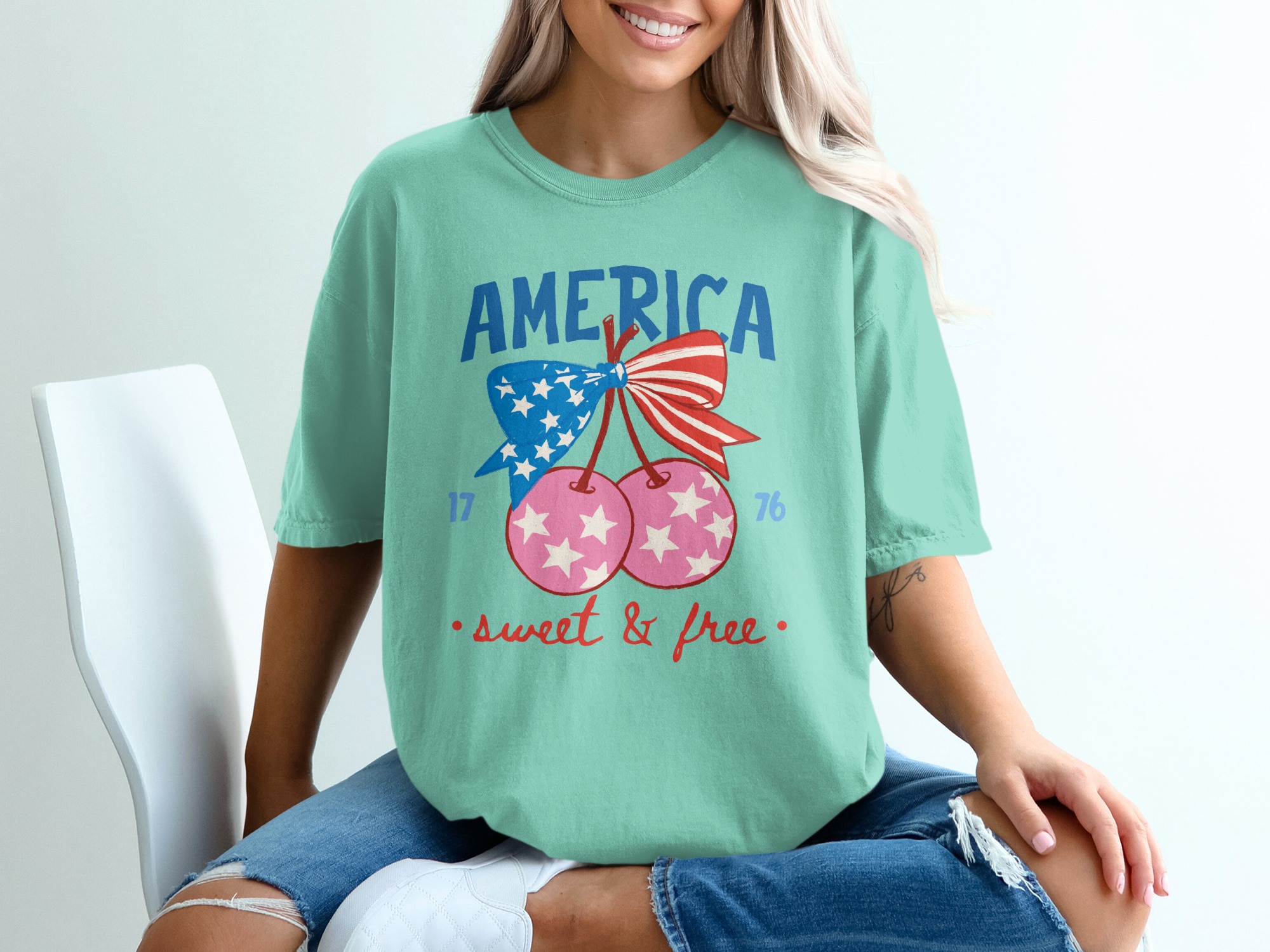 America Sweet & Free T-Shirt, Patriotic Cherry Bow Tee, Fourth of July Vintage Style Shirt, USA Flag Summer Graphic Tee Gift for Her - Image 10