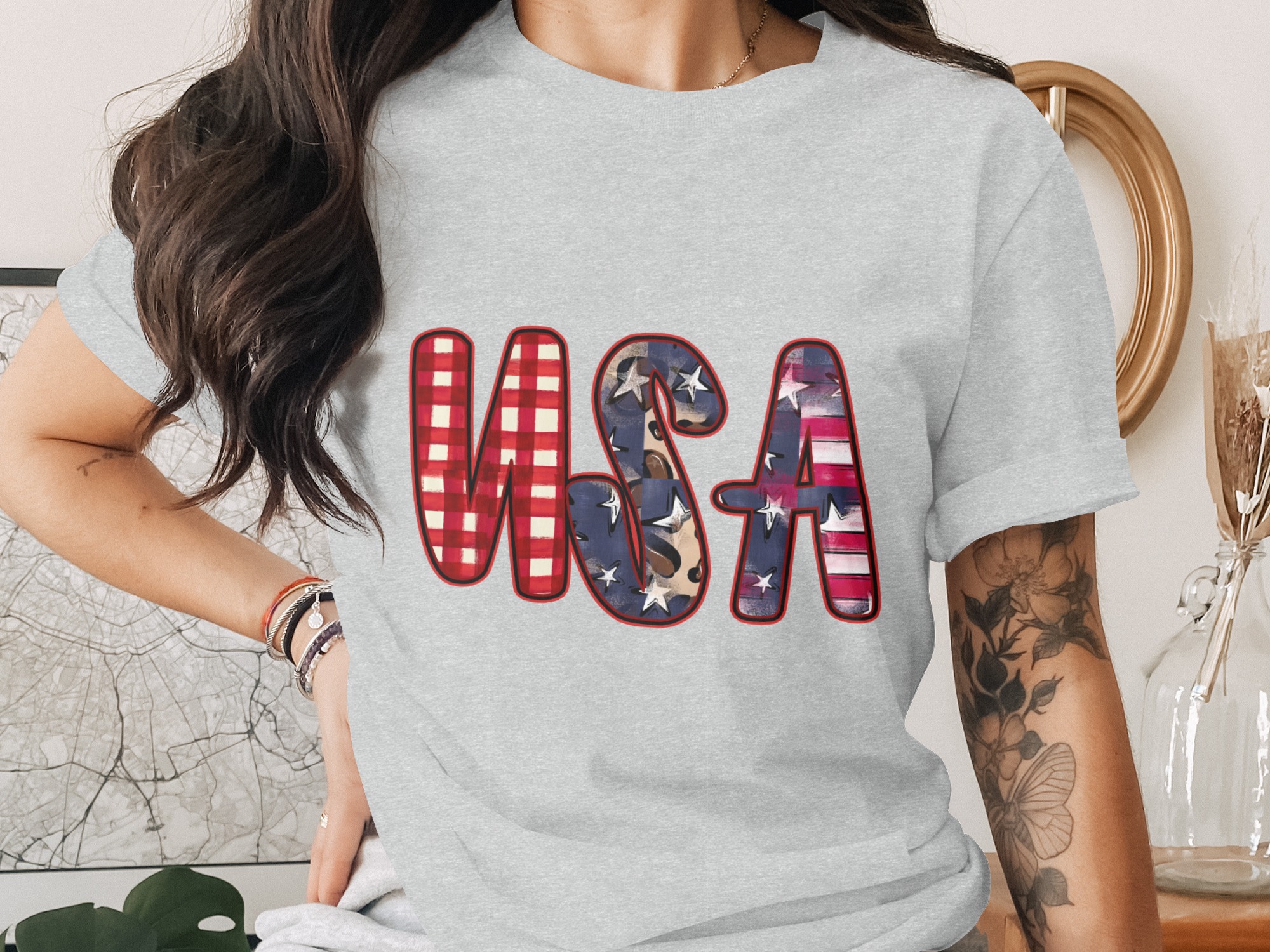 USA T-Shirt, Patriotic 4th of July Shirt, Distressed Buffalo Plaid Leopard Print America Tee, Memorial Day Gift for Her - Image 2