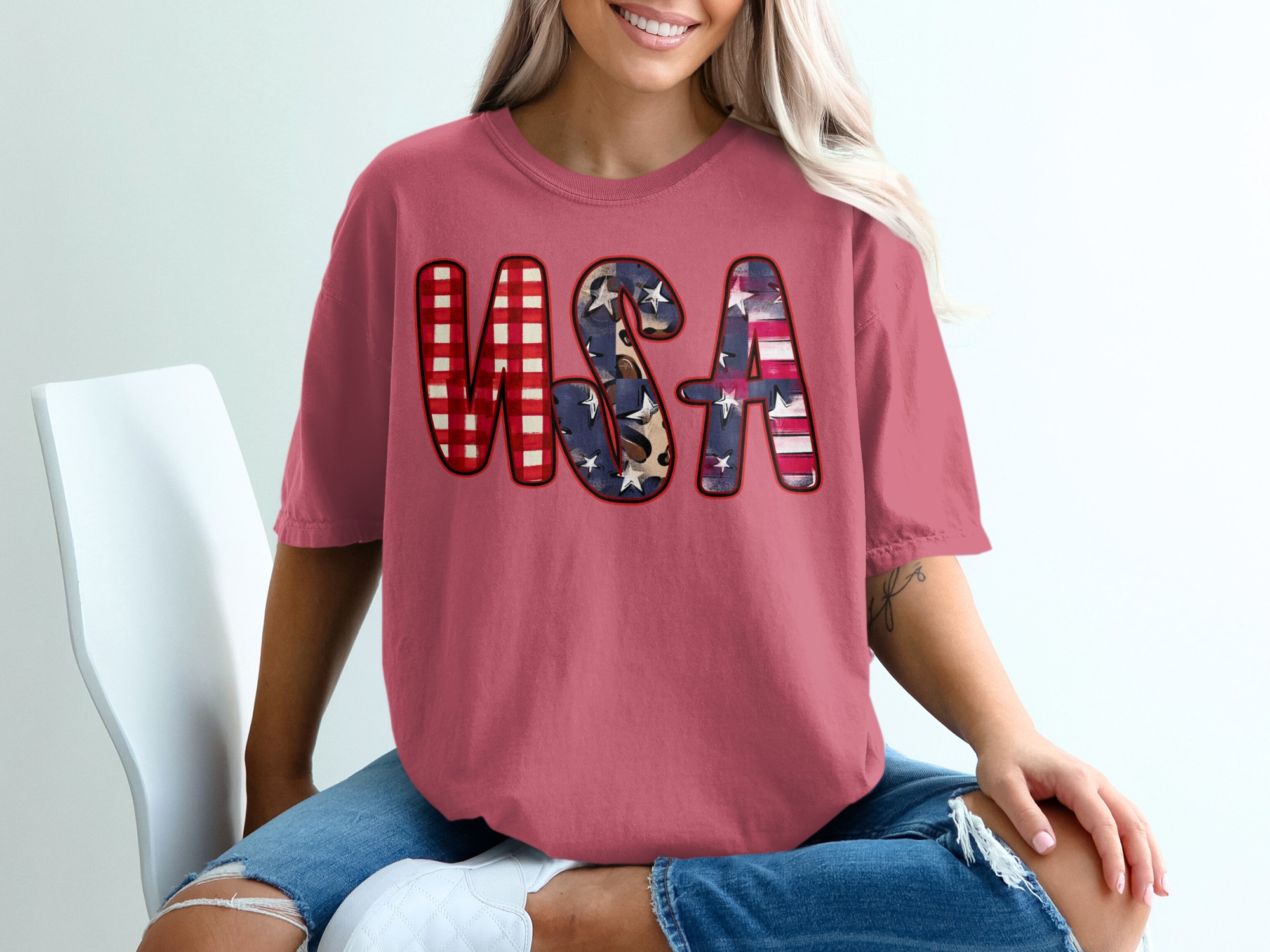 USA T-Shirt, Patriotic 4th of July Shirt, Distressed Buffalo Plaid Leopard Print America Tee, Memorial Day Gift for Her - Image 15
