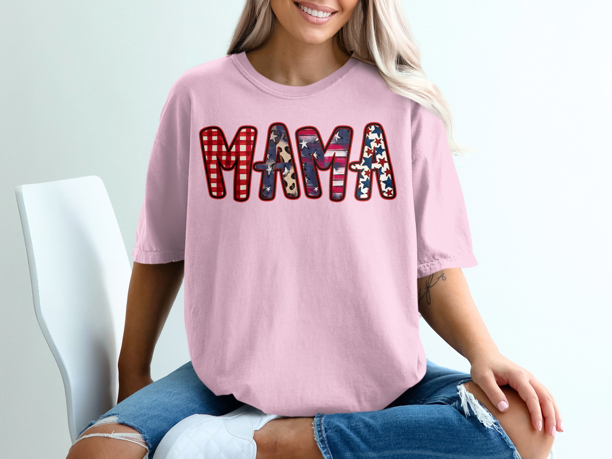 Patriotic Mama T-Shirt, Western Mama Shirt with Leopard Print, Buffalo Plaid Mama Gift, American Flag Star Mom Tee for Mother's Day - Image 17