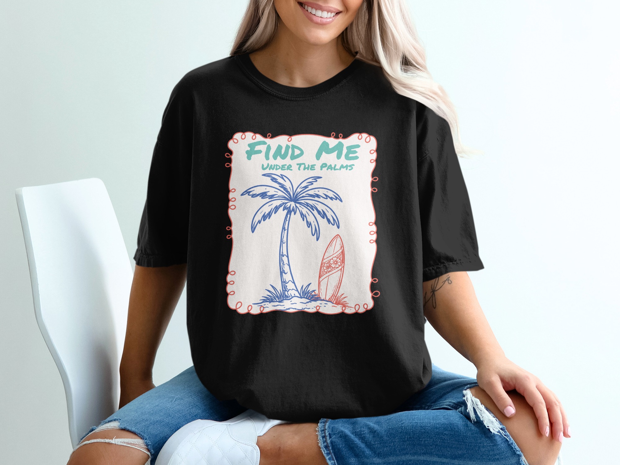 Find Me Under The Palms T-Shirt | Beachy Vacation Tee, Coastal Palm Tree Surfboard Shirt, Summer Travel Gift for Her, Relaxed Beach Vibe Top - Image 5