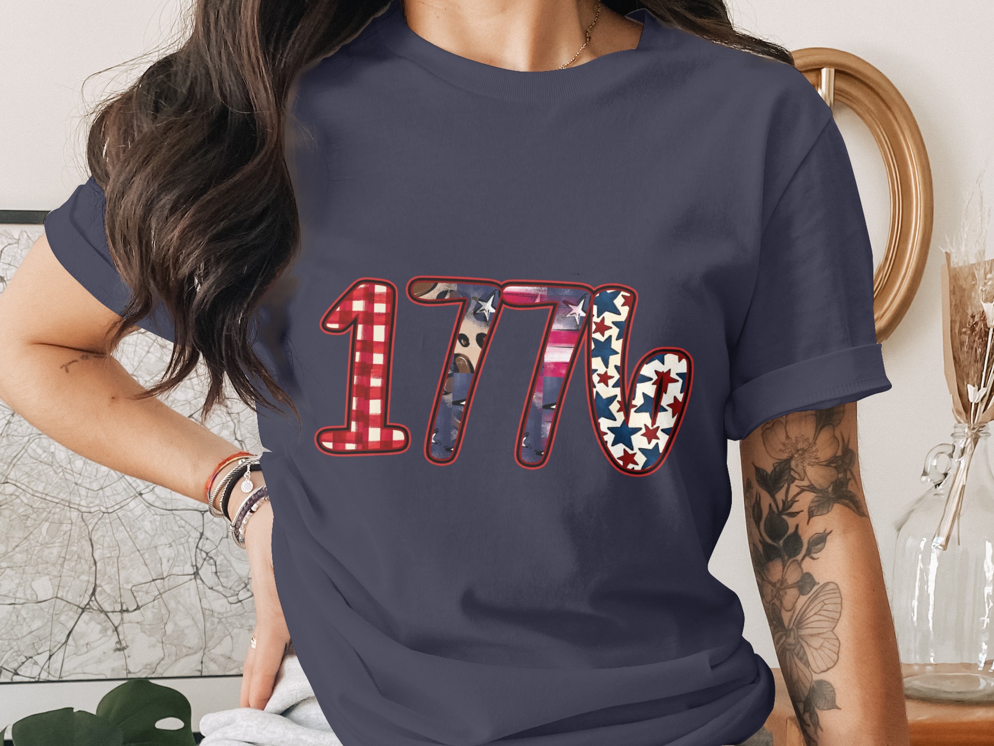 1776 Patriotic T-Shirt, Fourth of July America Tee, Distressed Americana Design, Independence Day Buffalo Plaid Leopard Print - Image 3