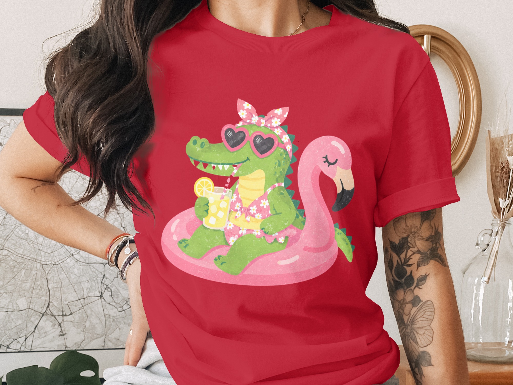 Relaxing Alligator Flamingo Float Summer T-Shirt - Image 2