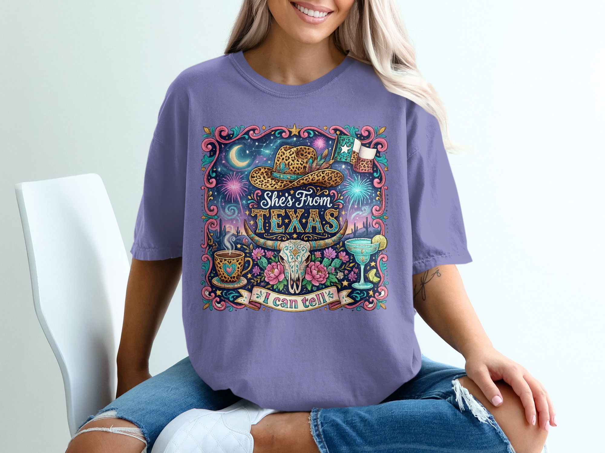 She's From Texas T-Shirt, Western Boho Cowgirl Tee, Texas Pride Gift for Her, Leopard Print Cowboy Hat Longhorn Skull Desert Shirt - Image 13