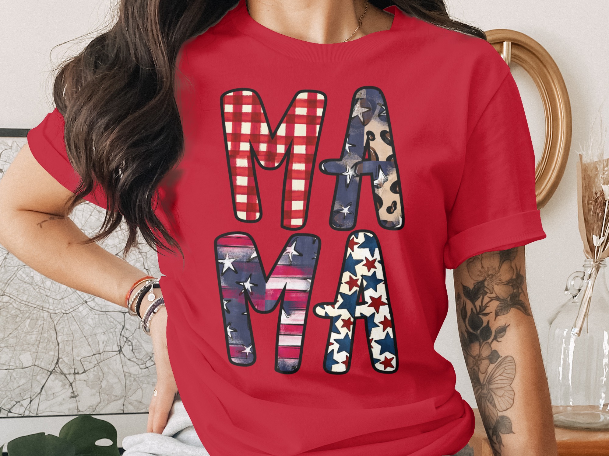 Patriotic Mama T-Shirt, Distressed Flag & Leopard Print Stars Tee, Buffalo Plaid Americana Mom Life Gift - Image 4