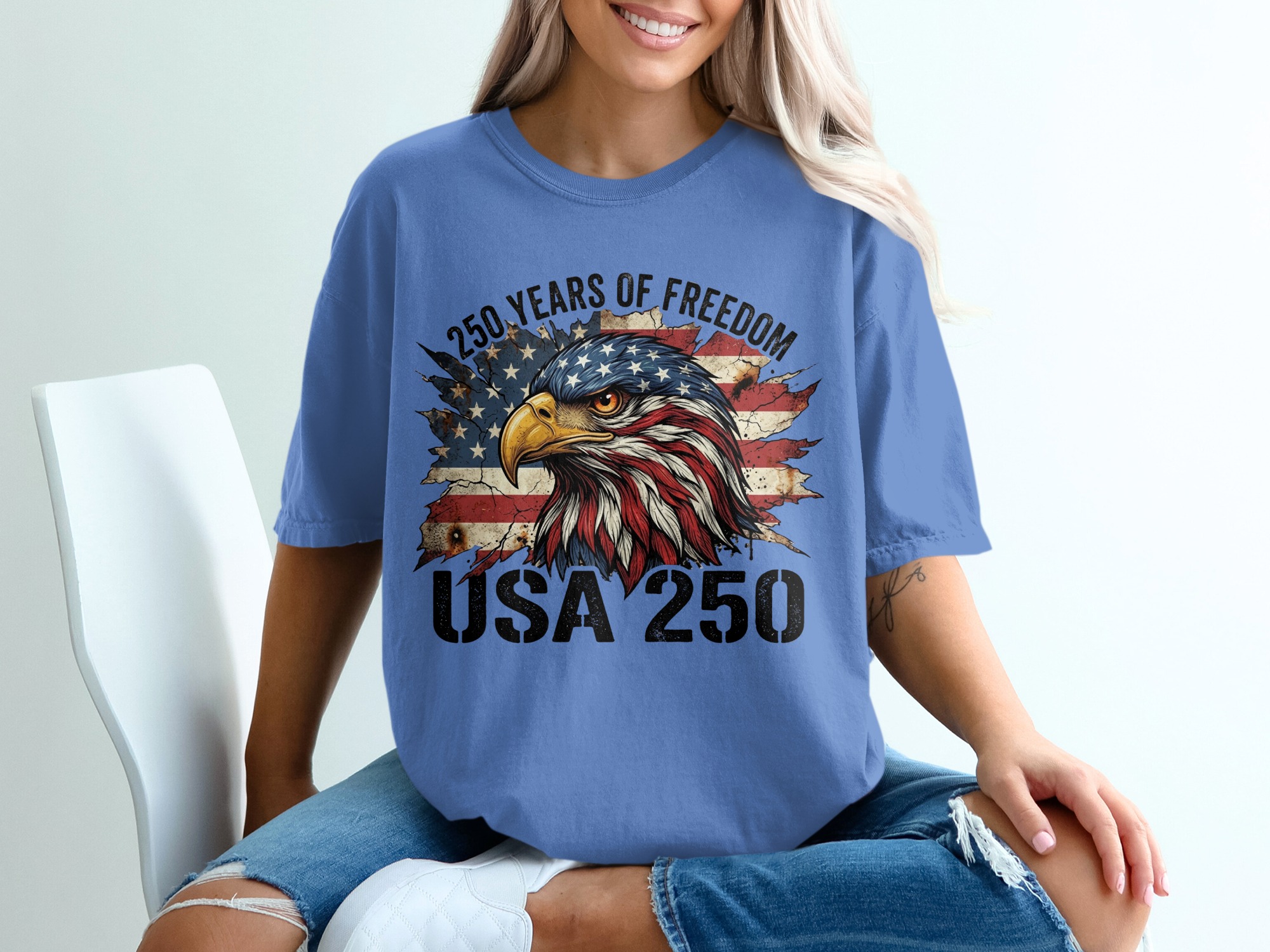 Patriotic American Eagle T-Shirt, USA 250 Years of Freedom Flag Tee, Distressed Heritage Commemorative Independence Day Shirt - Image 20