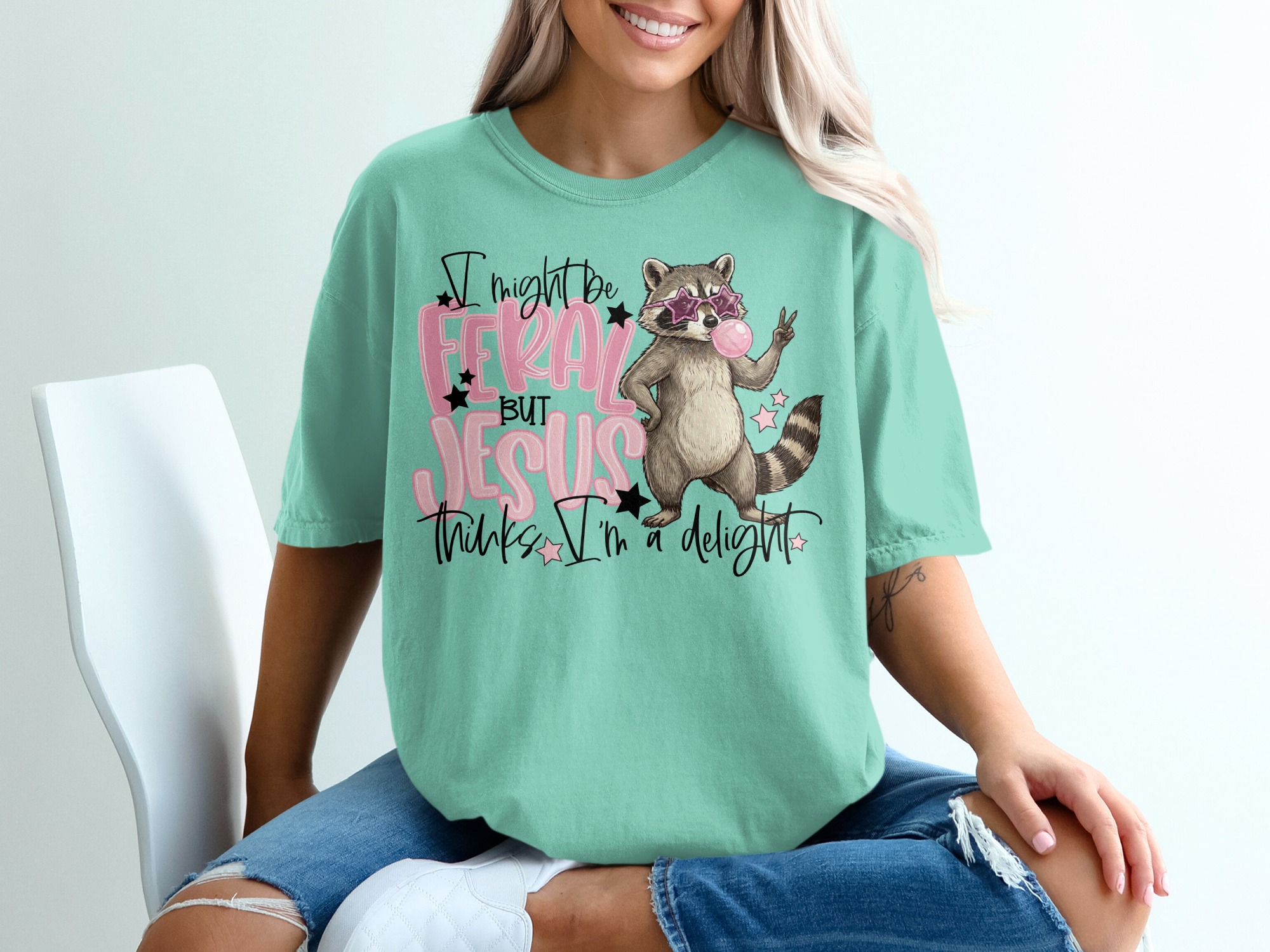 Feral Jesus Delight T-Shirt, Raccoon Graphic Tee, Funny Christian Shirt, Sarcastic Faith Top, Wild Girl Gift, Cute Animal Lover Tee, Quirky - Image 10