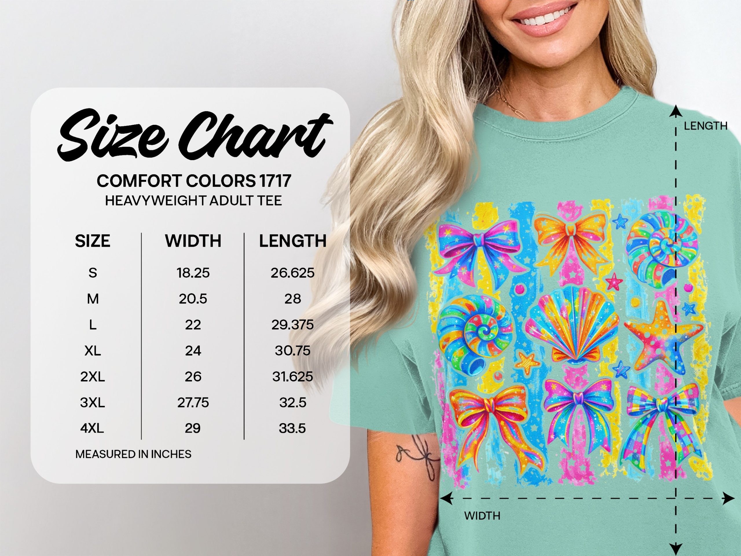Y2K Aesthetic Comfort Colors® T-Shirt, Lisa Frank Style Bows, Rainbow Seashells, Starfish, Faux Glitter Print, Vibrant Kidcore Summer Tee - Image 4