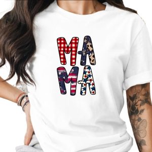 Patriotic Mama T-Shirt, Distressed Flag & Leopard Print Stars Tee, Buffalo Plaid Americana Mom Life Gift