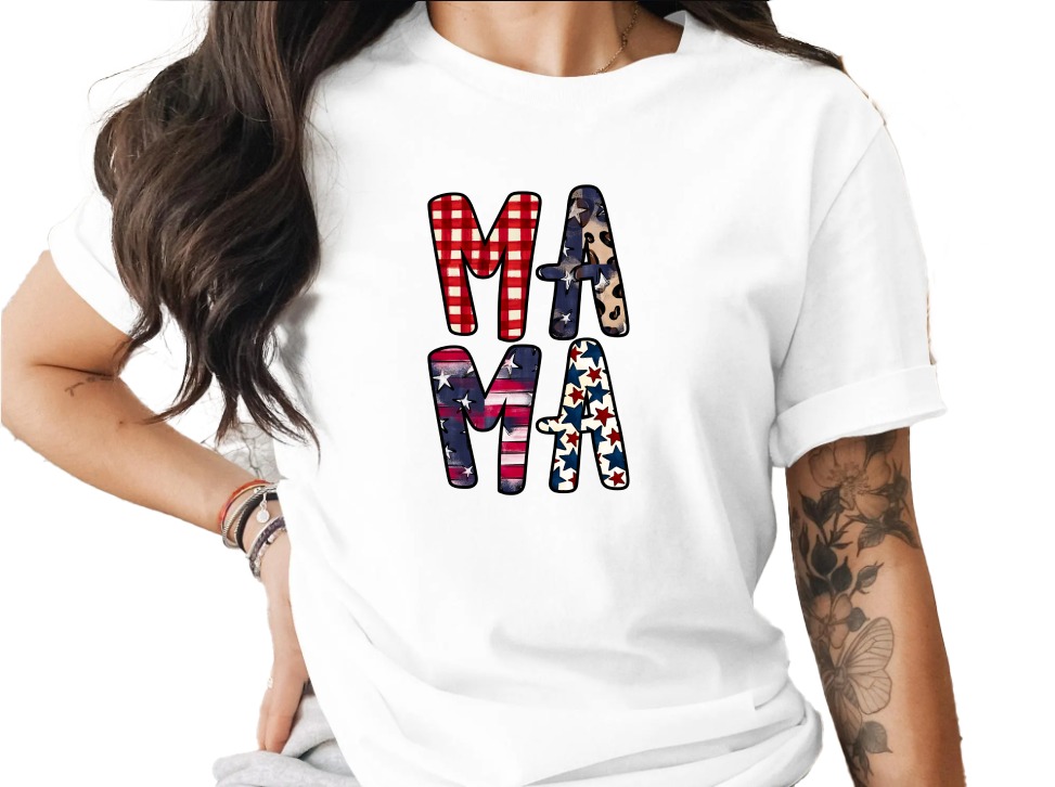 Patriotic Mama T-Shirt, Distressed Flag & Leopard Print Stars Tee, Buffalo Plaid Americana Mom Life Gift