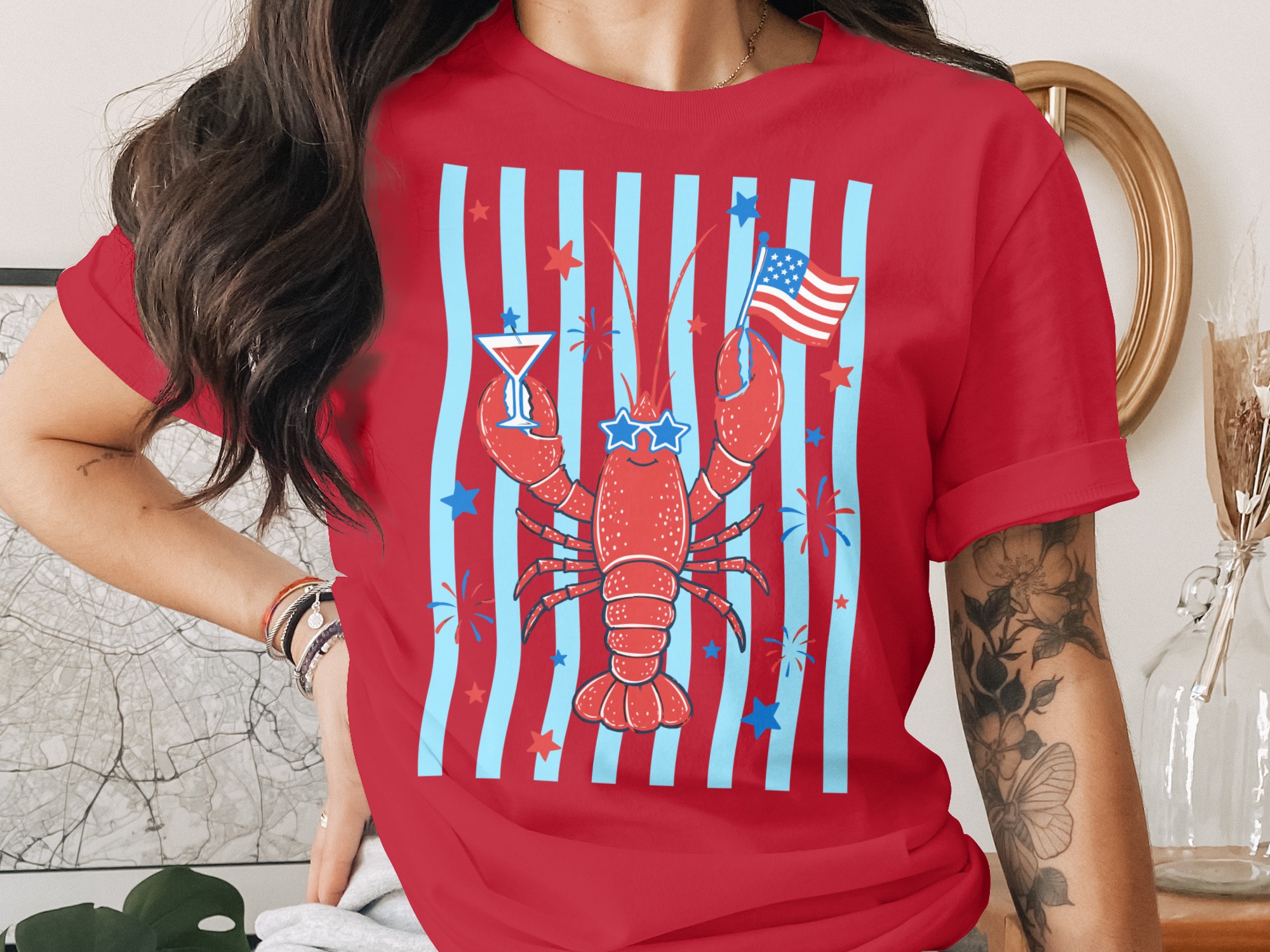 Comfort Colors® Patriotic Lobster T-Shirt, Funny 4th of July Tee, Summer Coastal Vacation Shirt, USA Flag Lobster Party Top - Image 4