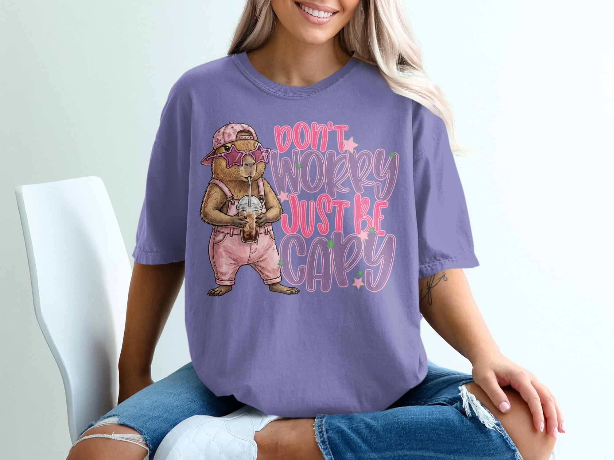 Don't Worry Just Be Capy T-Shirt, Cute Capybara Shirt, Chill Animal Tee, Iced Coffee Lover Gift, Trendy Positive Vibe Apparel - Image 13