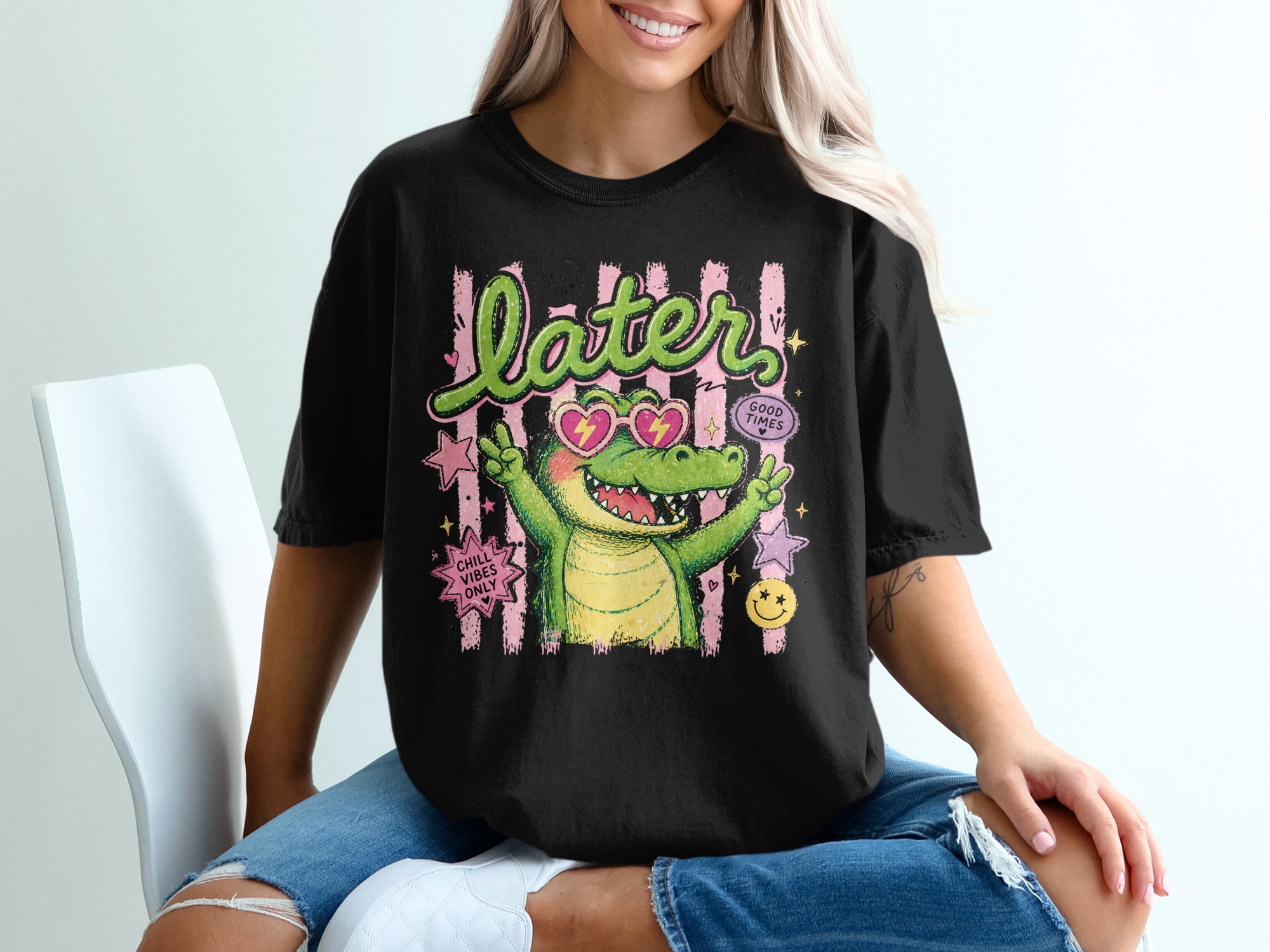 Alligator Sunglasses T-Shirt, Comfort Colors ®, Retro Crocodile Tee, Peace Sign Shirt, Y2K Good Times Vibes, Funky Graphic Summer Apparel - Image 2