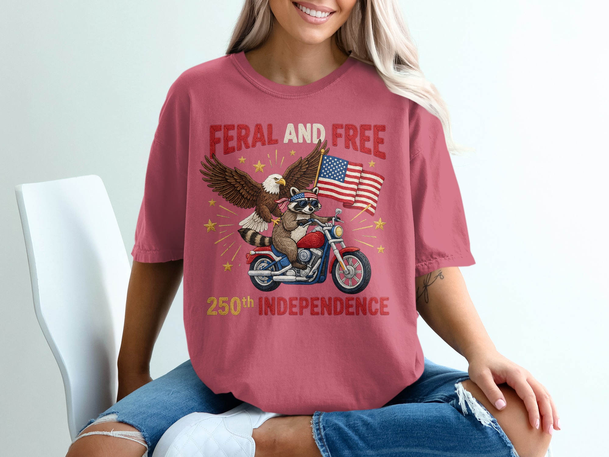 Feral and Free 250th Independence Day T-Shirt, Patriotic Raccoon Eagle Motorcycle Tee, American Flag Biker Freedom Shirt, July 4th Gift - Image 15
