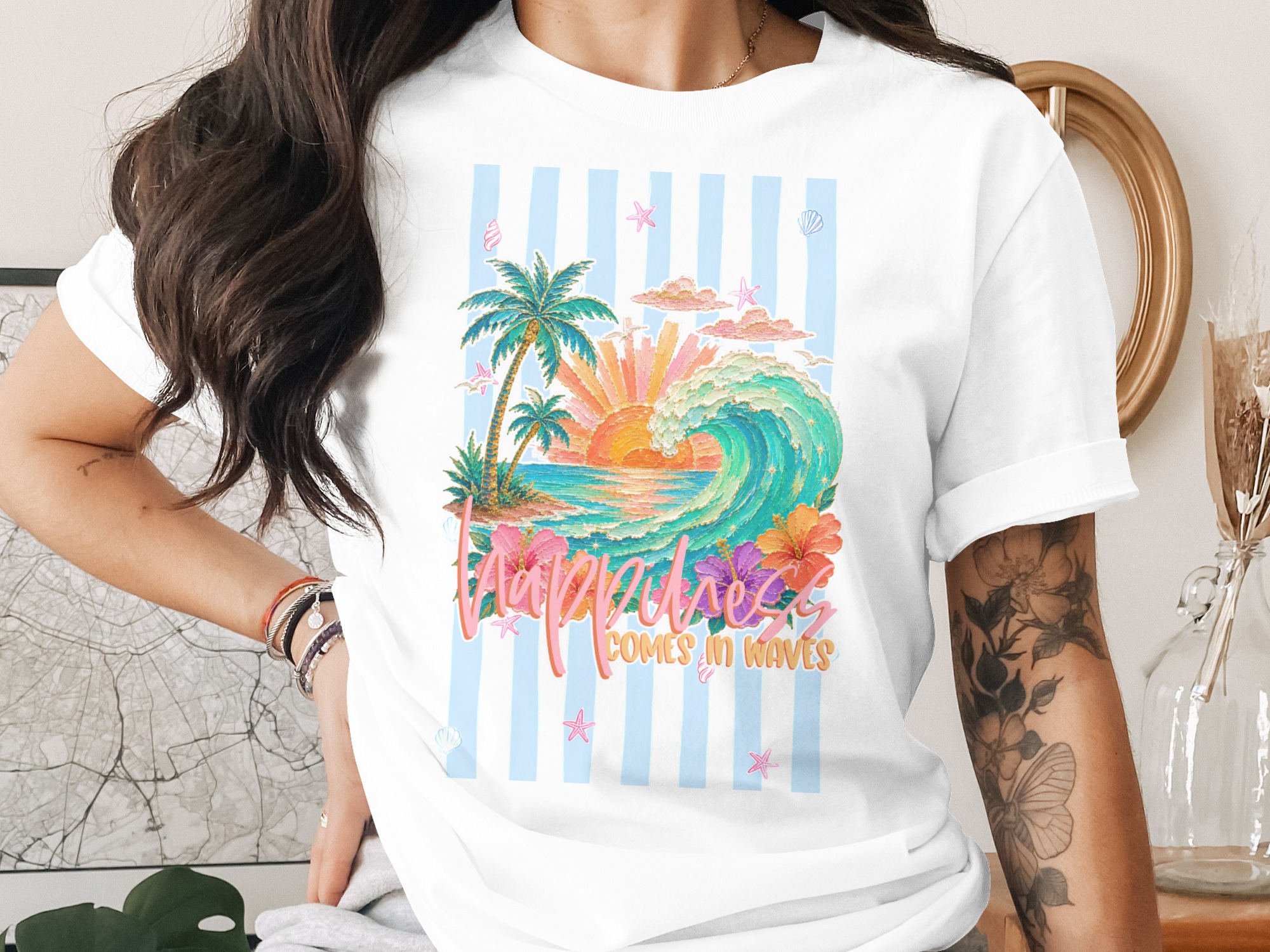 Comfort Colors® Happiness Comes in Waves T-Shirt, Beach Lover Gift, Tropical Vacation Tee, Summer Ocean Wave Sunset Shirt