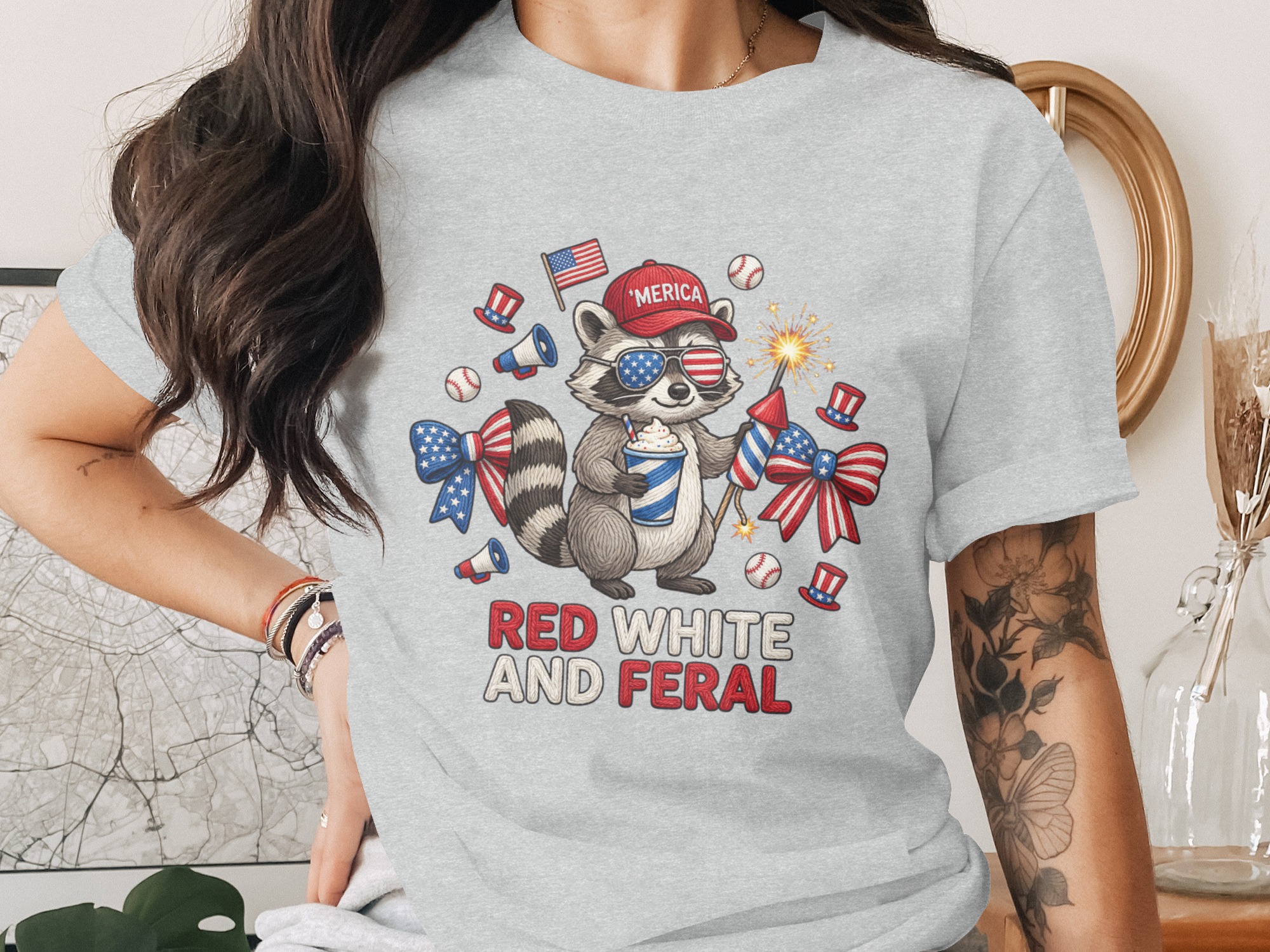 Red White and Feral Raccoon T-Shirt, Funny 4th of July Patriotic America Tee, Independence Day Party Animal Lover Gift - Image 2