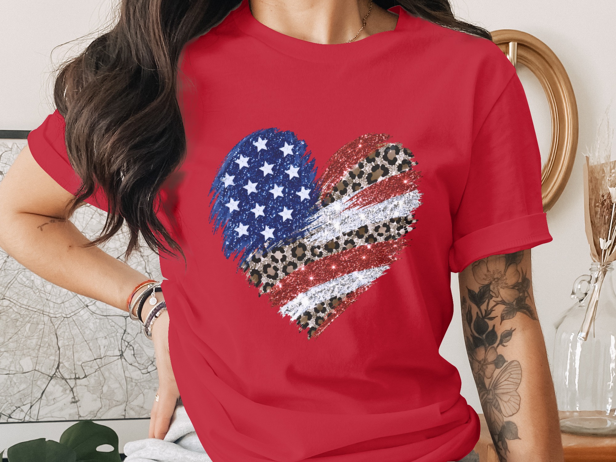 Comfort Colors® Patriotic Leopard Heart T-Shirt, American Flag Glitter Tee, 4th of July Shirt, Memorial Day, USA Pride, Trendy Gift for Her - Image 4